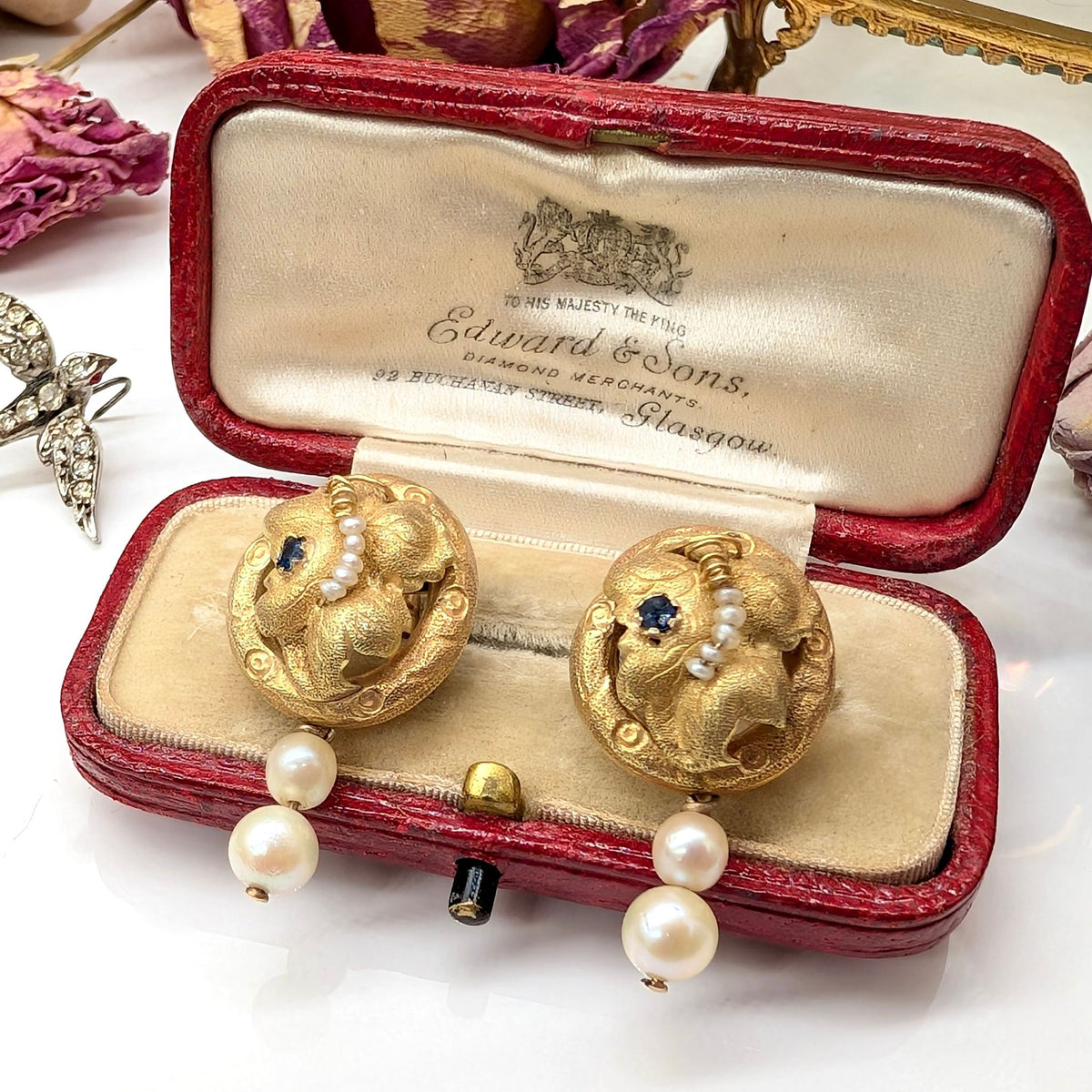 Superb Antique Victorian 18ct Yellow Gold Sapphire And Pearl Earrings - Circa 1880-90