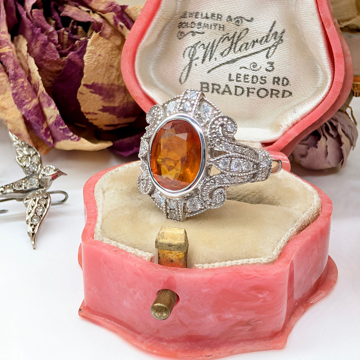 Spectacular 14ct White Gold Orange Sapphire & Diamond Art Deco-Inspired Ring With Independent Gemmological Valuation for $15,000 AUD