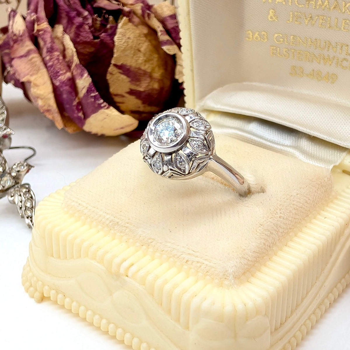 Gorgeous Vintage 18ct White Gold Diamond Rosette Style Cluster Ring With An Independent Gemmological Valuation for $5,620 AUD