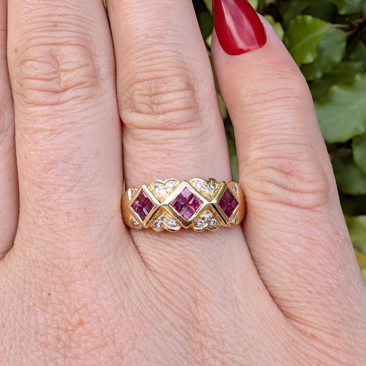 Beautiful Contemporary 18ct Yellow Gold Ruby and Diamond Cluster Ring