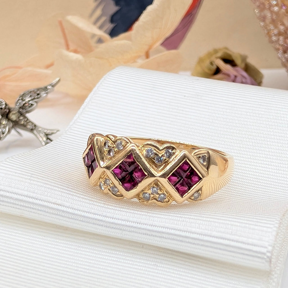 Beautiful Contemporary 18ct Yellow Gold Ruby and Diamond Cluster Ring