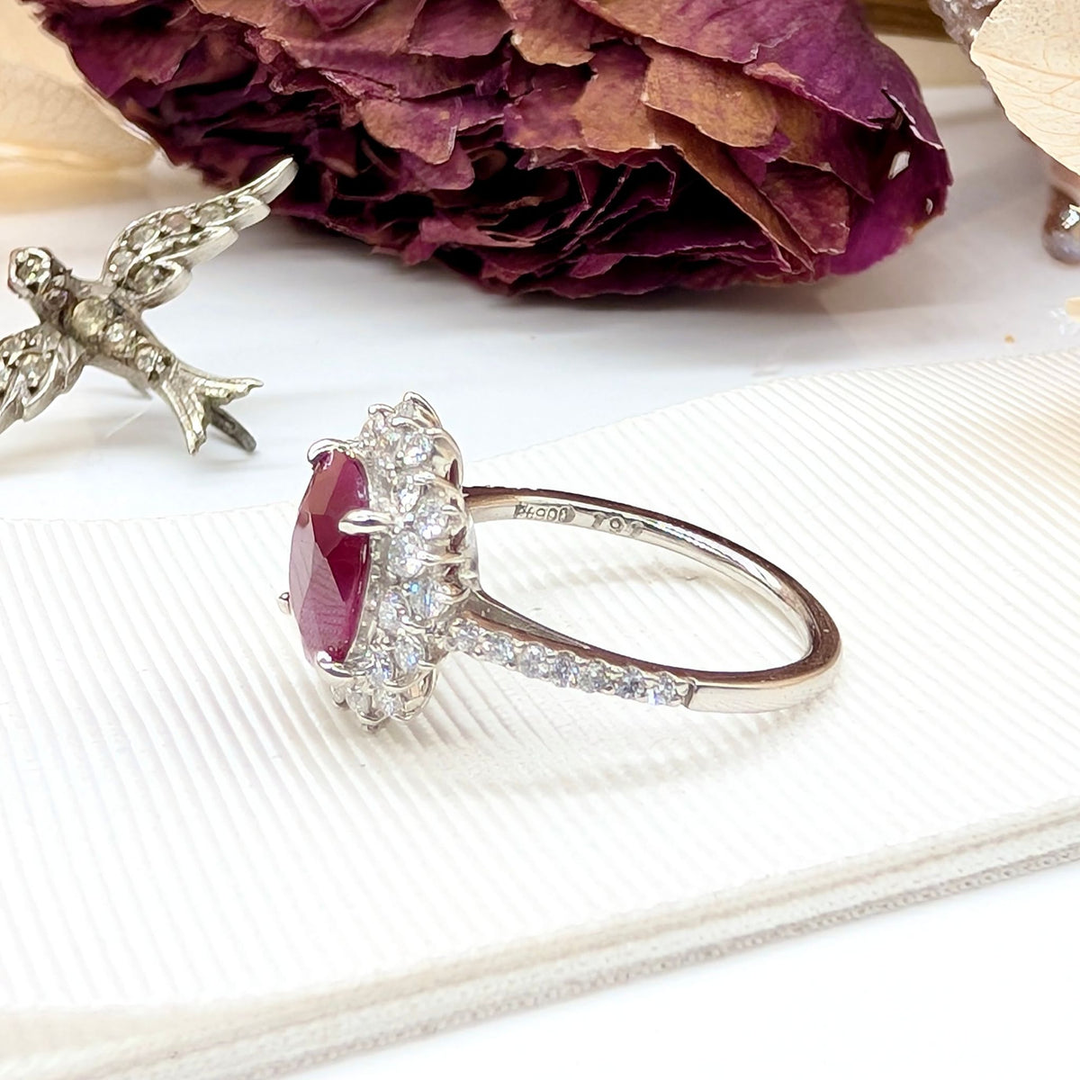 Stunning Platinum 1.91ct Natural Burmese Ruby And Diamond Halo Ring Complete With An Independent Gemmological Valuation For $10,575 AUD And GIA report