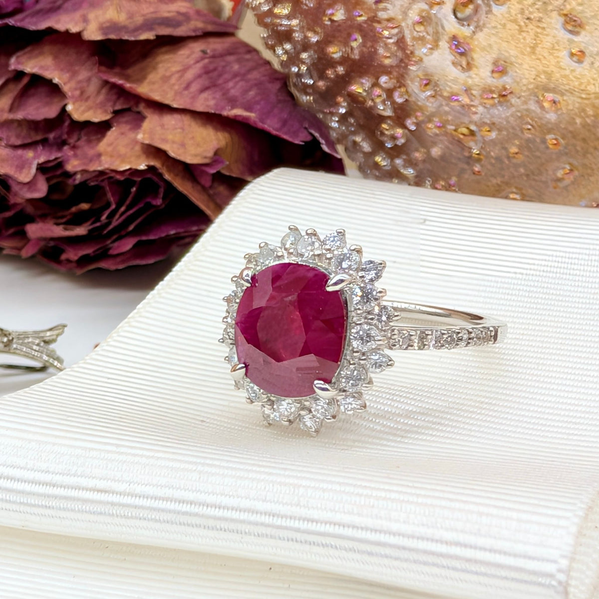 Stunning Platinum 1.91ct Natural Burmese Ruby And Diamond Halo Ring Complete With An Independent Gemmological Valuation For $10,575 AUD And GIA report