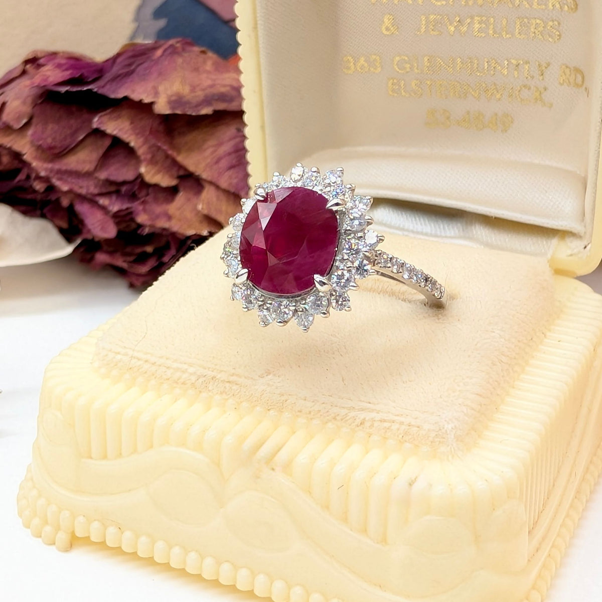 Stunning Platinum 1.91ct Natural Burmese Ruby And Diamond Halo Ring Complete With An Independent Gemmological Valuation For $10,575 AUD And GIA report