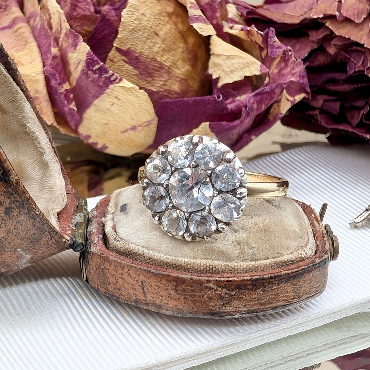 Antique Georgian 9ct Gold And Silver Black Dot Paste Flower Ring Circa 1800