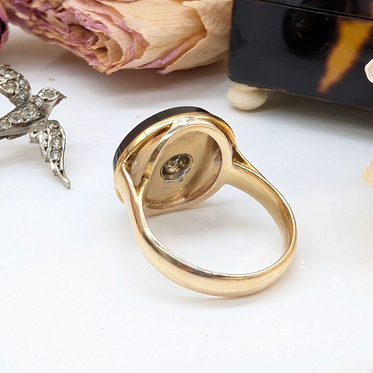 Striking Mid-Century 9ct Yellow Gold Old European-cut Diamond & Onyx ‘Starburst’ Ring - Payton, Pepper & Sons Ltd, Birmingham 1955