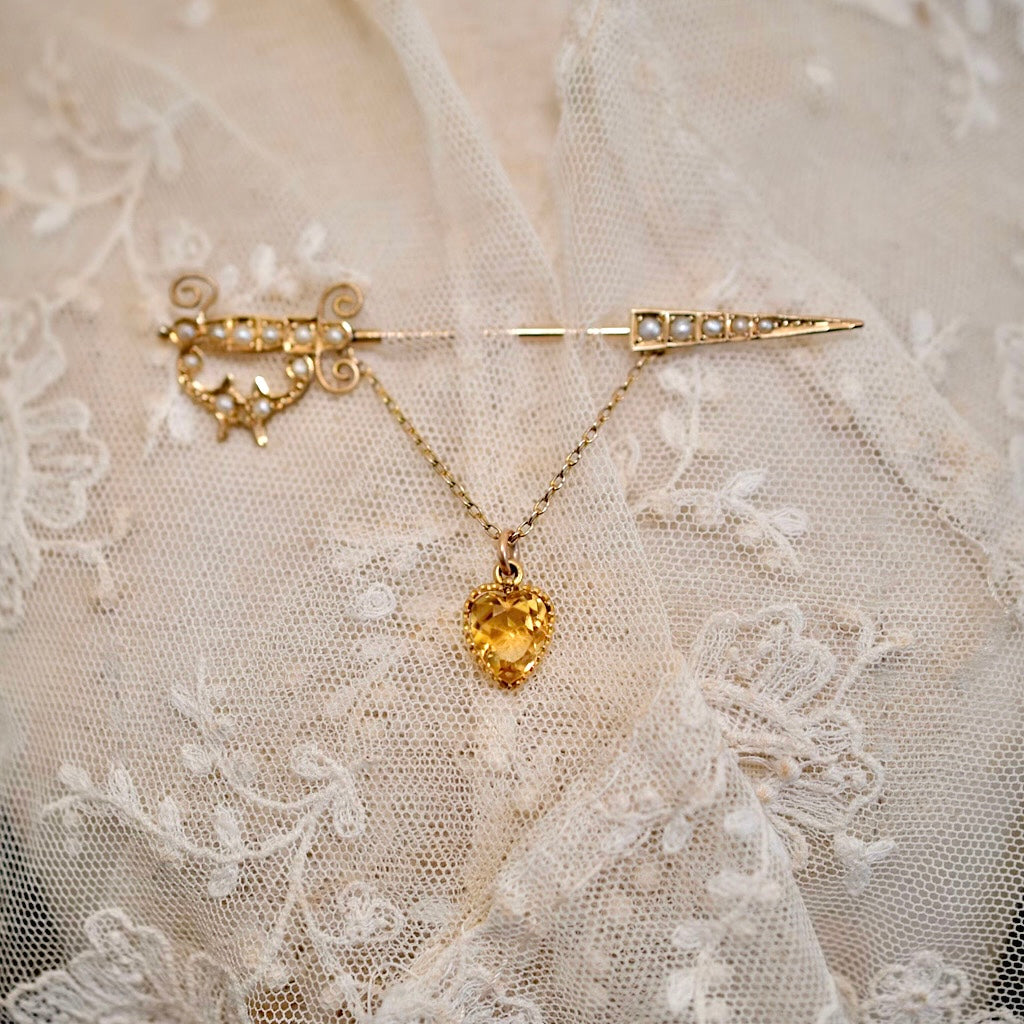 Antique Australian 15ct Rose Gold Heart Cut Citrine & Seed Pearl ‘Jabot Pin’ By Willis And Sons