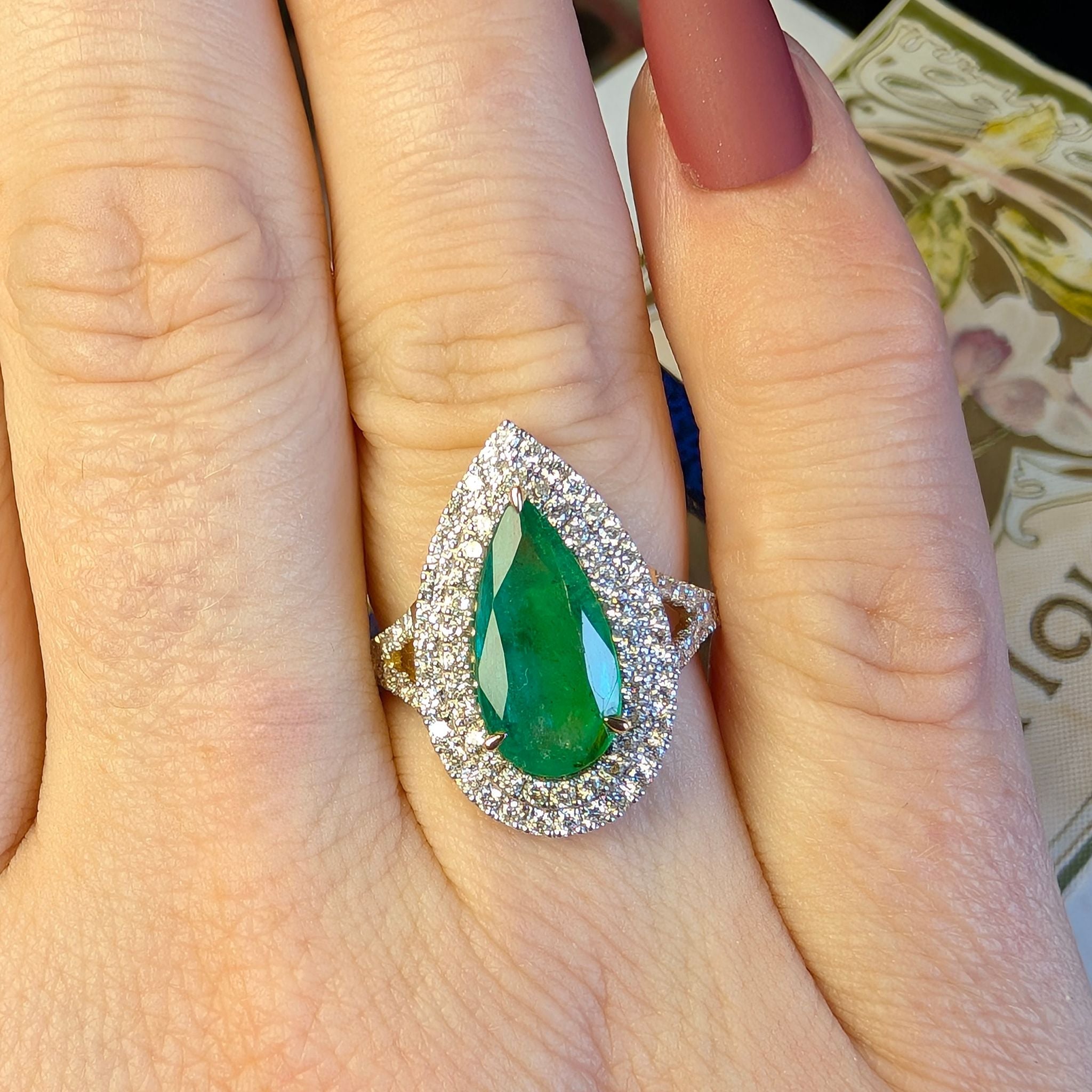 Contemporary 14ct Yellow Gold Pear-Shape 2.33ct Emerald and Diamond Ring Complete With An Independent Valuation for $12,452 AUD