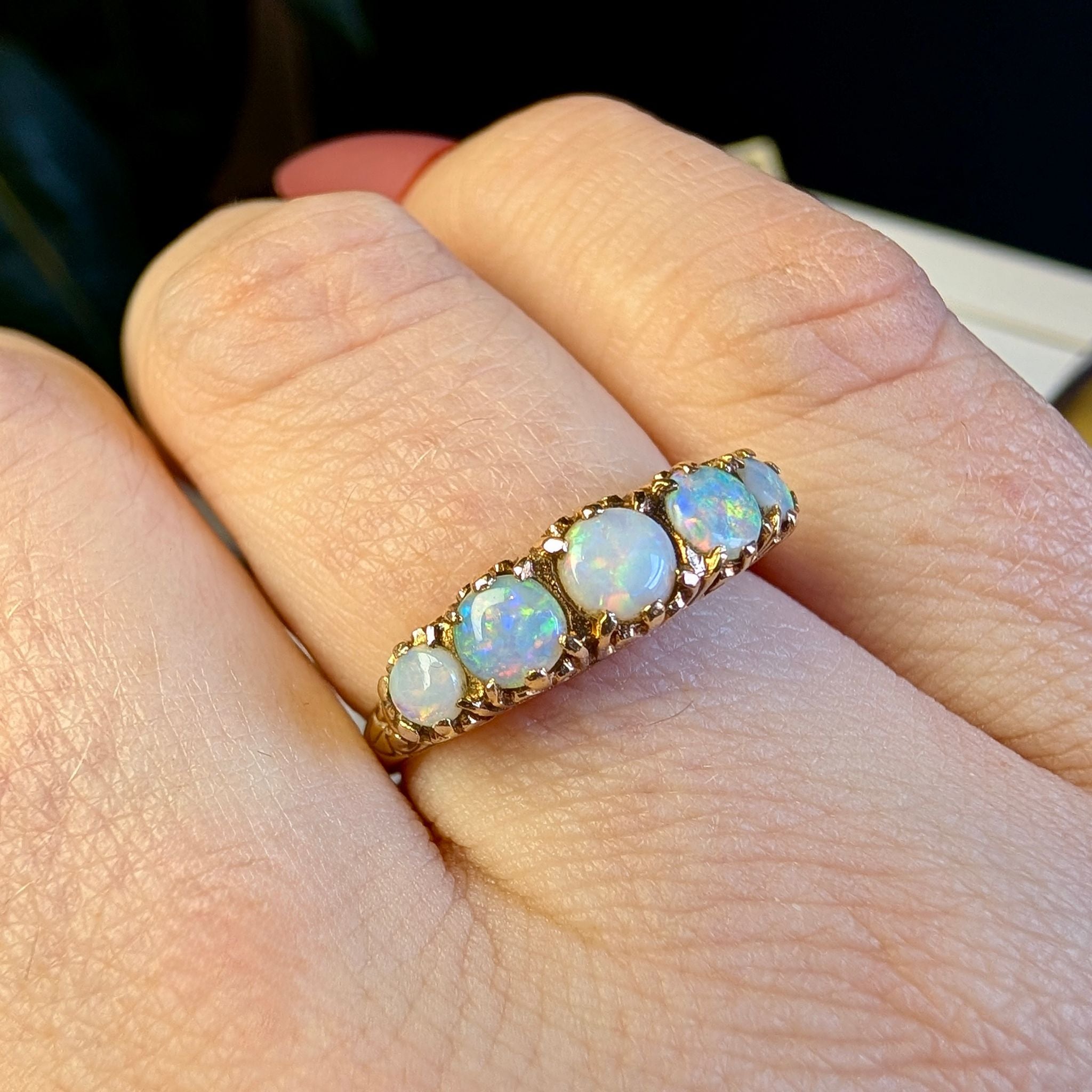 Antique Style 9ct Rose Gold Solid Opal Half Hoop Ring