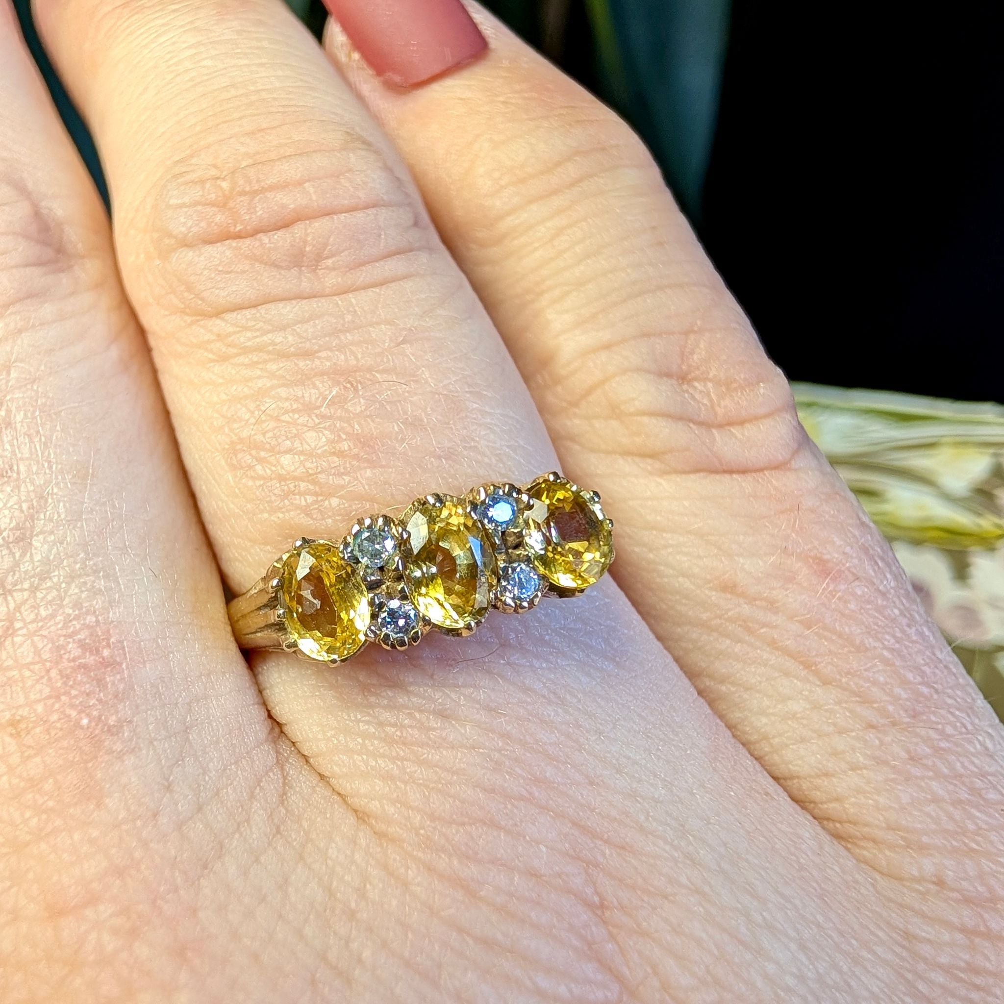 Vintage 9ct Yellow Gold Yellow Sapphire & Diamond ‘Trilogy’ Ring London 1984