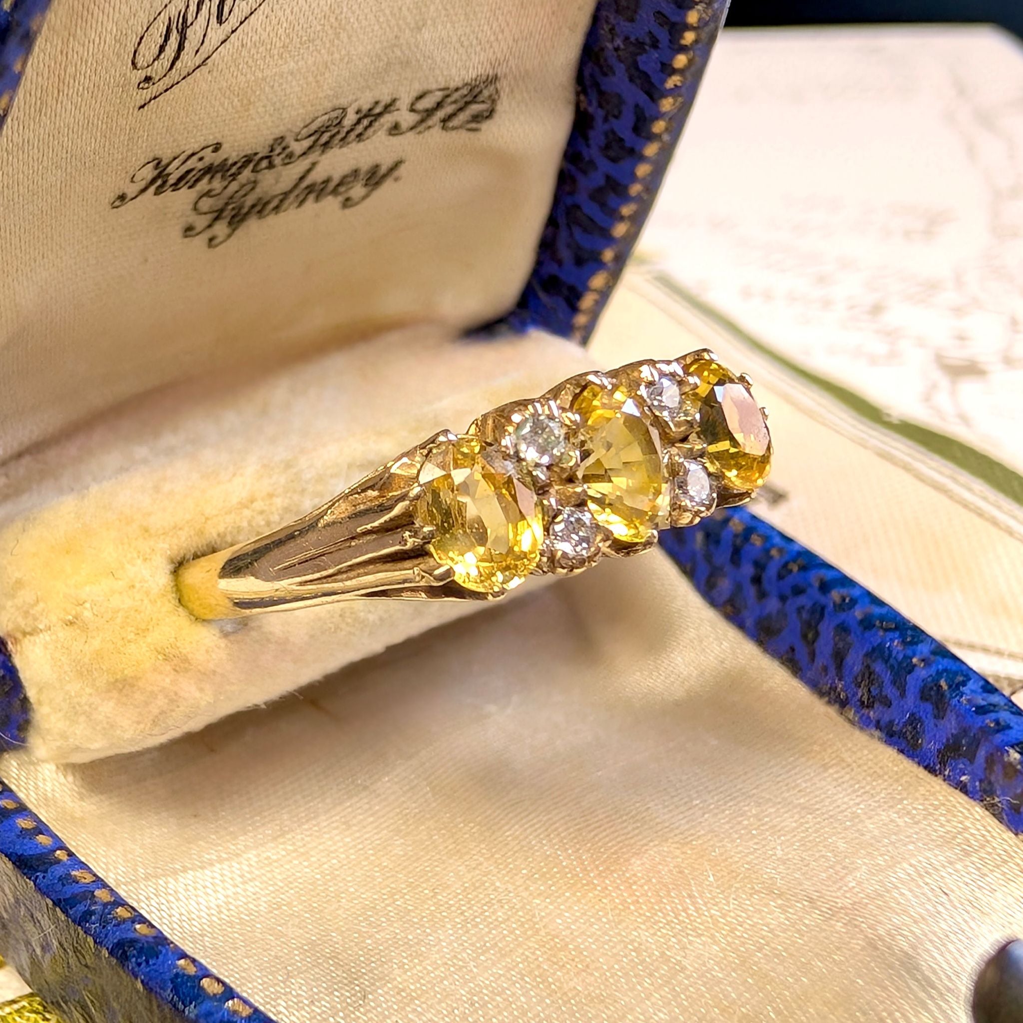 Vintage 9ct Yellow Gold Yellow Sapphire & Diamond ‘Trilogy’ Ring London 1984