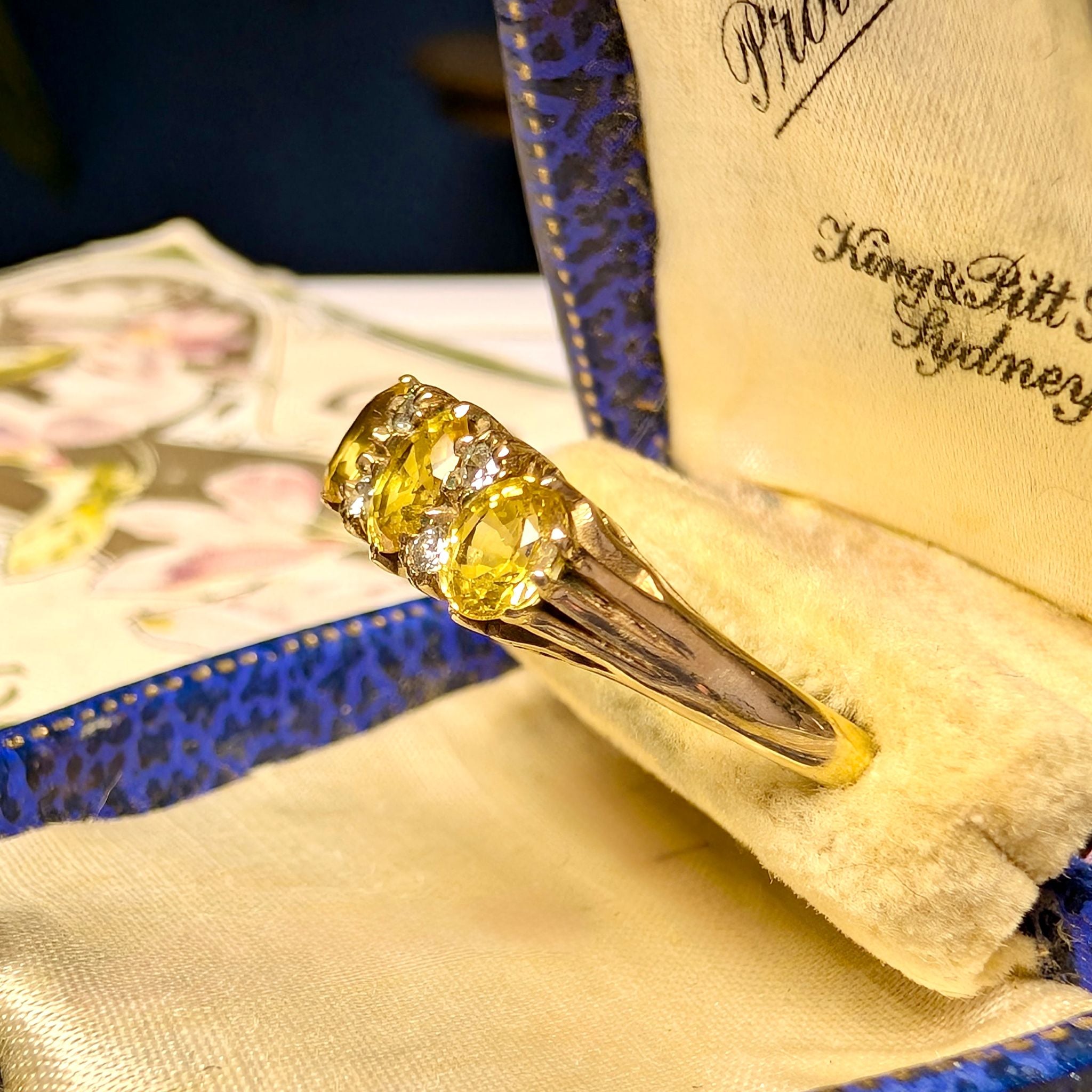 Vintage 9ct Yellow Gold Yellow Sapphire & Diamond ‘Trilogy’ Ring London 1984