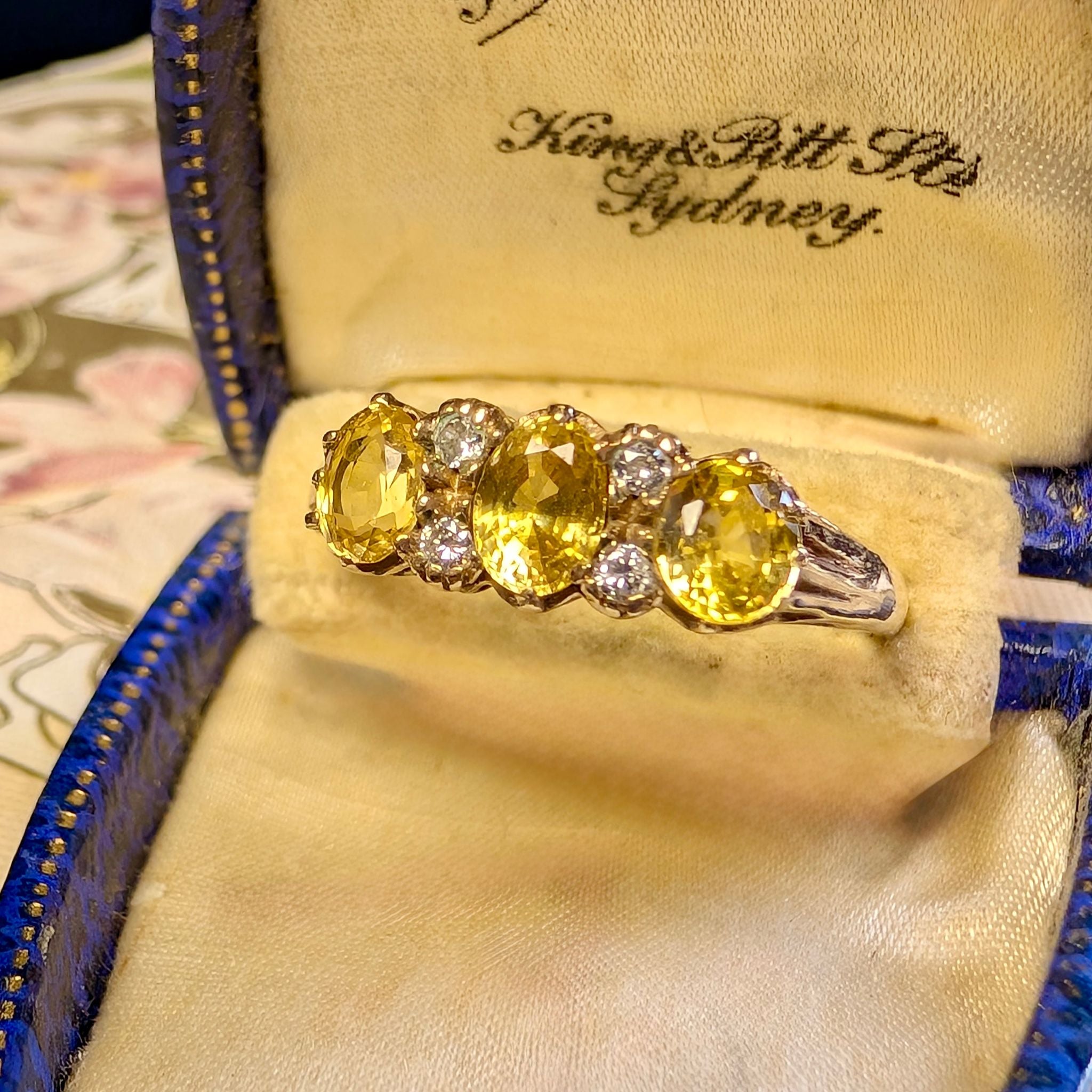 Vintage 9ct Yellow Gold Yellow Sapphire & Diamond ‘Trilogy’ Ring London 1984