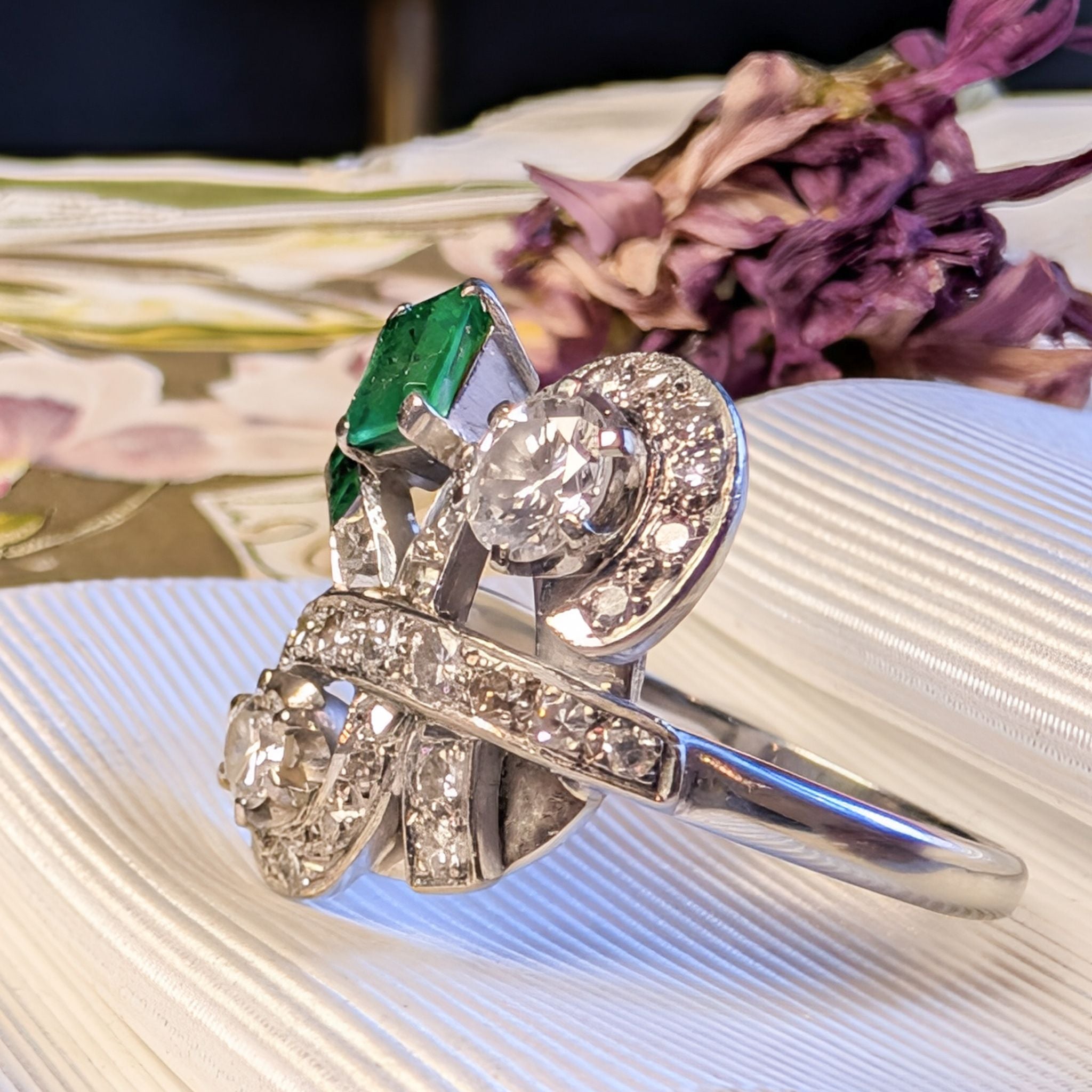 Vintage Handmade 12.5ct White Gold Emerald and Diamond Cluster Ring Complete With An Independent Gemmological Valuation for $8,300 AUD