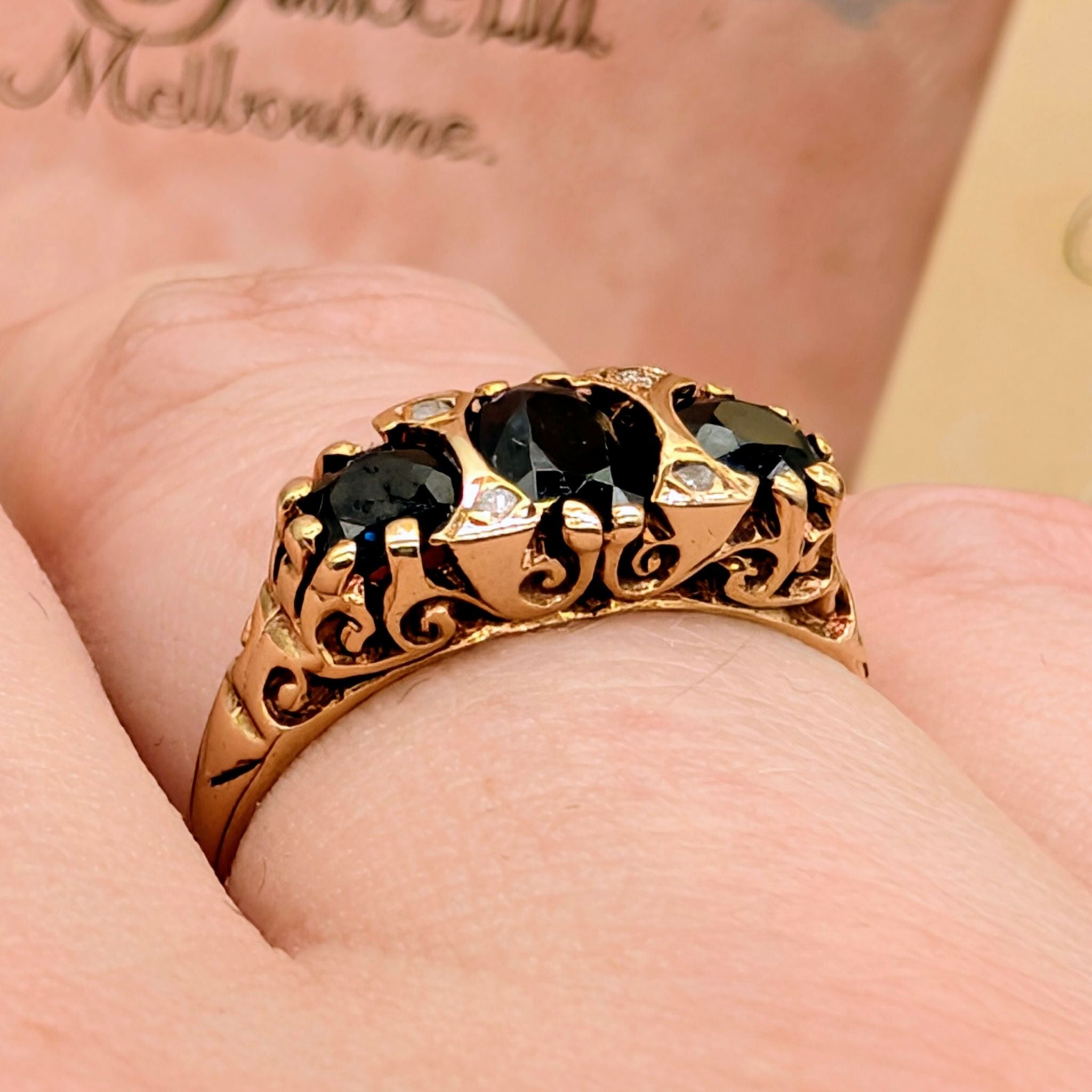 Vintage 9ct Yellow Gold Sapphire and Diamond Bridge Ring Birmingham 1978