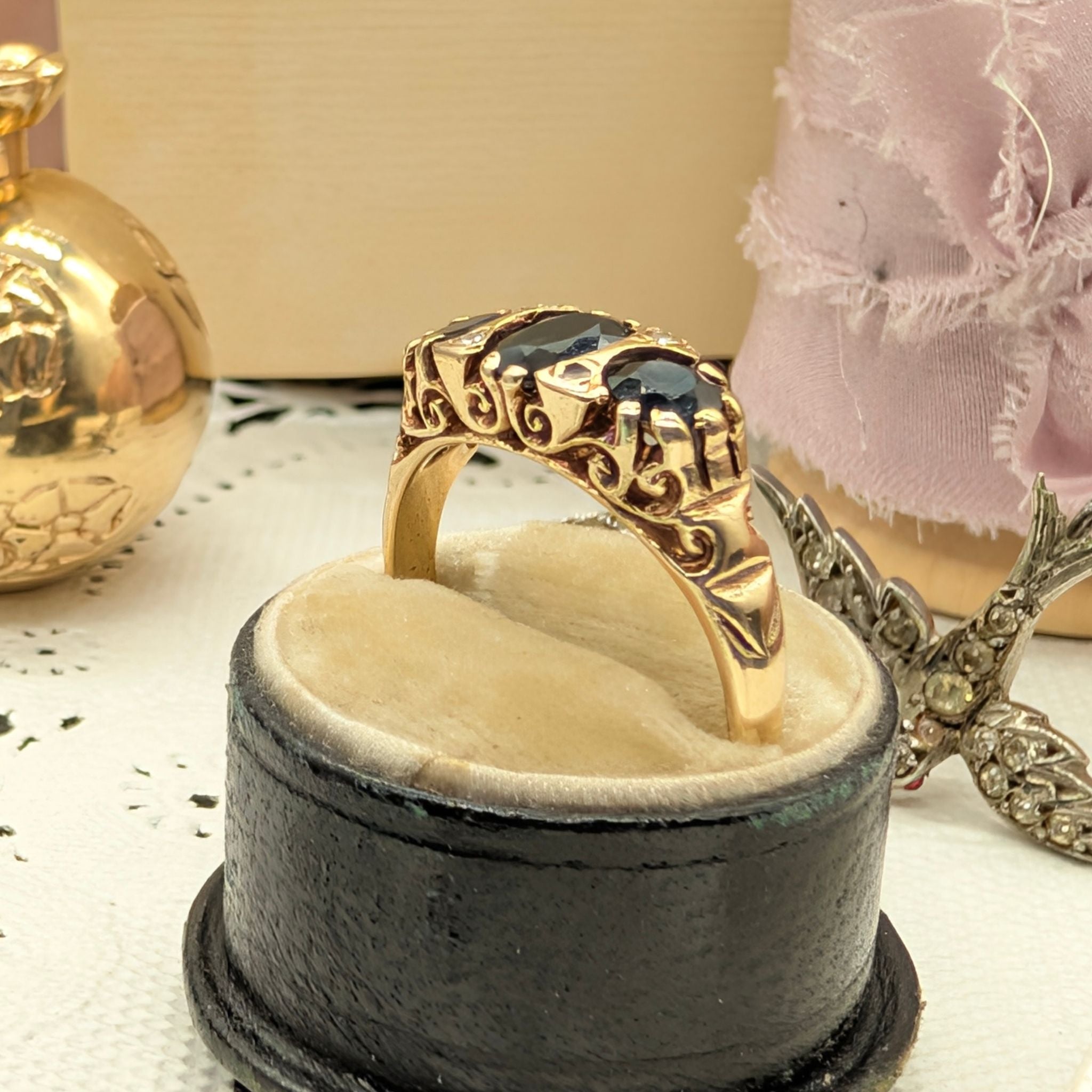 Vintage 9ct Yellow Gold Sapphire and Diamond Bridge Ring Birmingham 1978