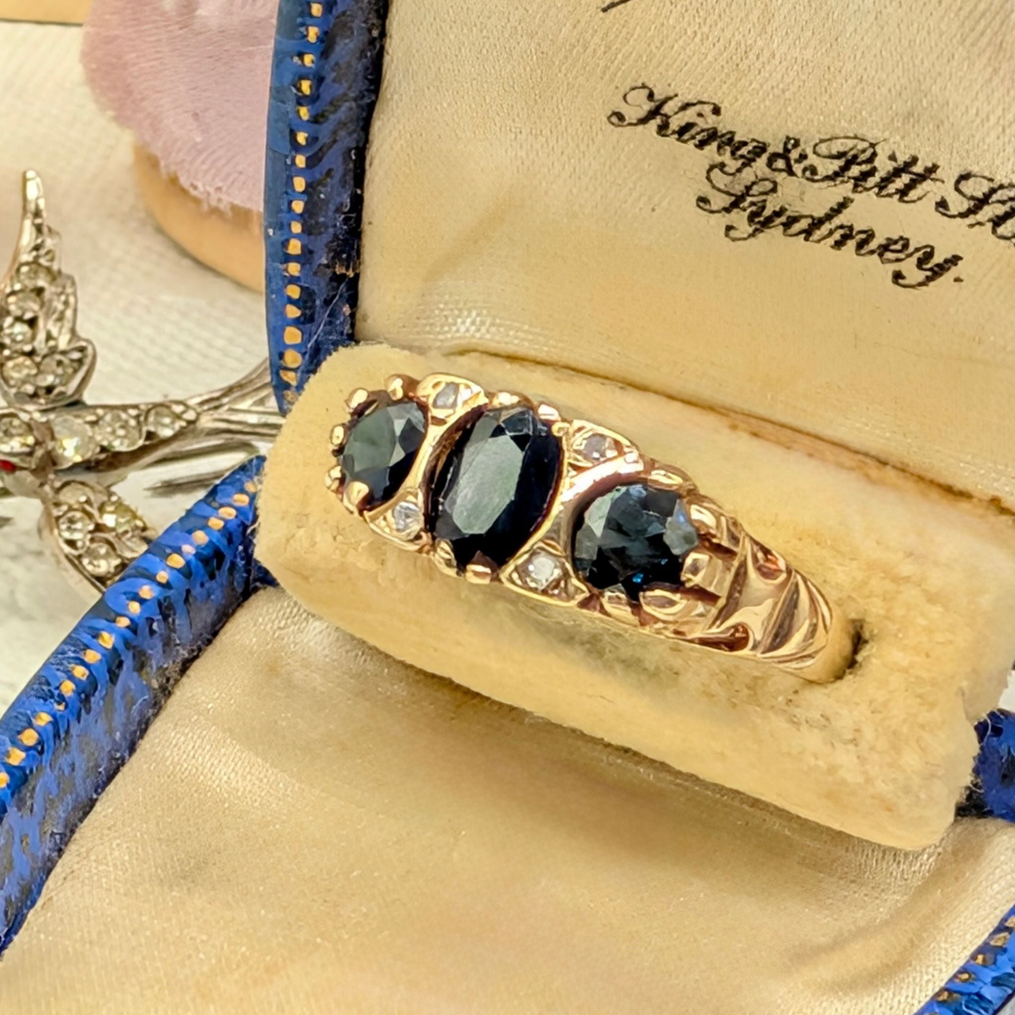 Vintage 9ct Yellow Gold Sapphire and Diamond Bridge Ring Birmingham 1978