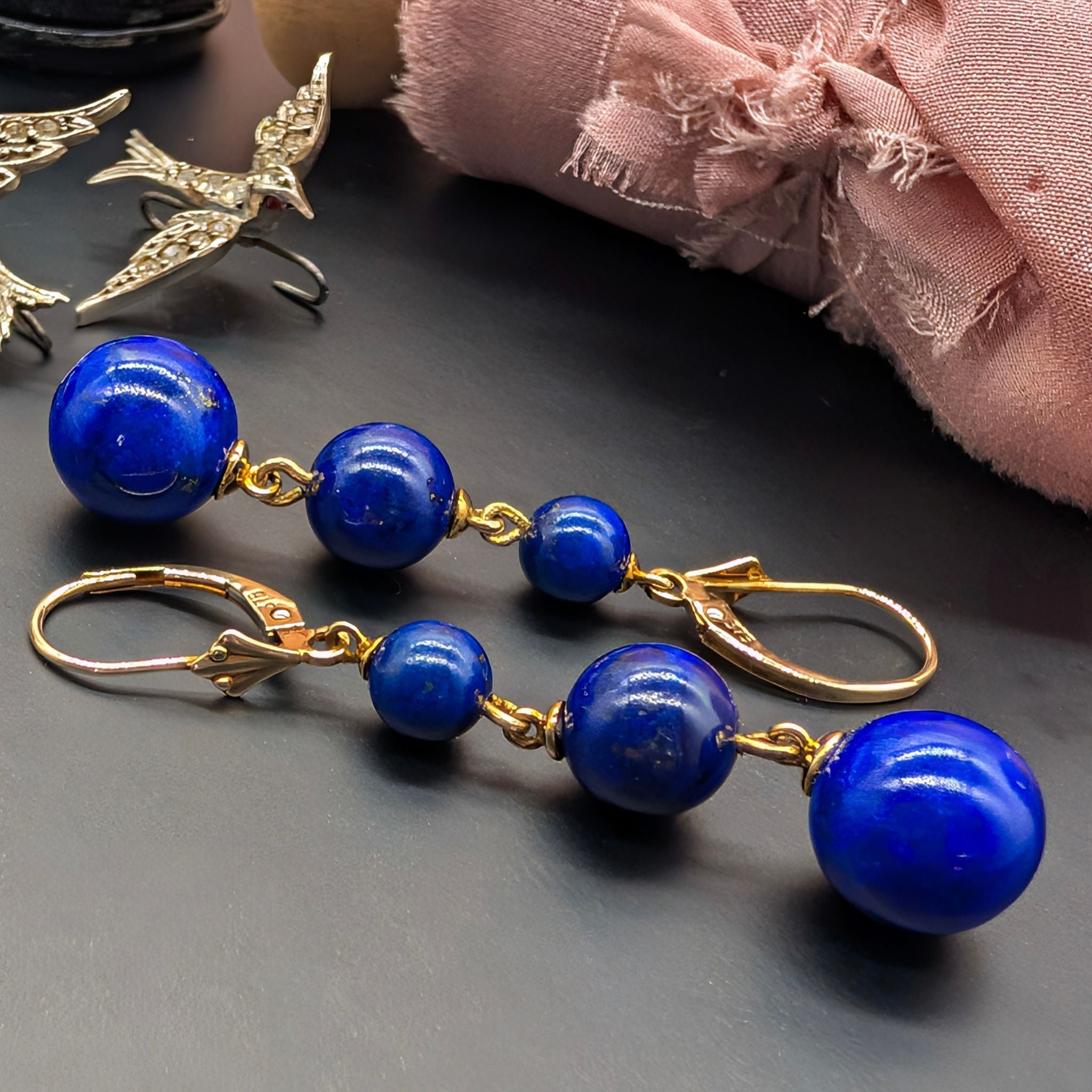 Modern 9ct Yellow Gold Lapis Lazuli Graduated Bead Drop Earrings