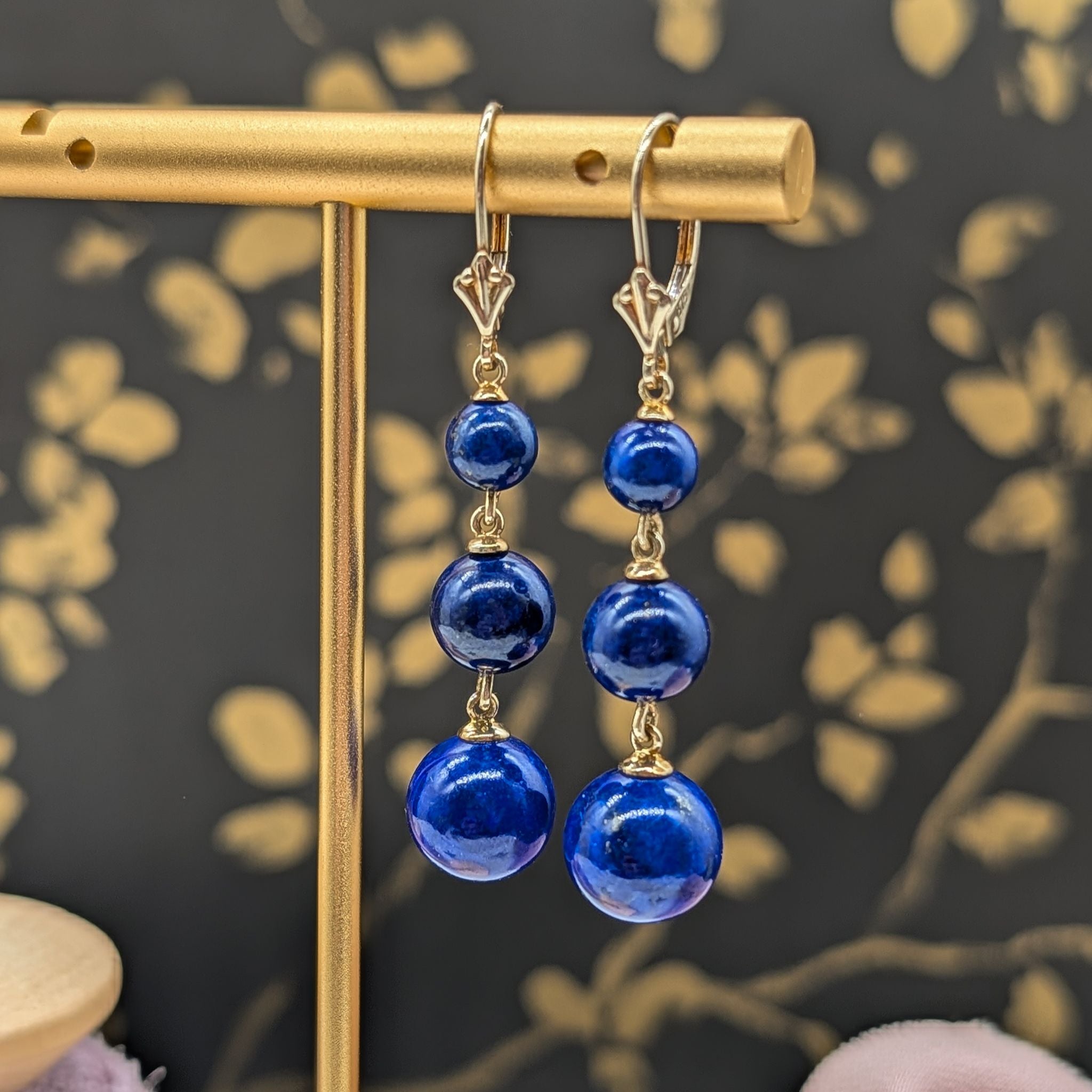 Modern 9ct Yellow Gold Lapis Lazuli Graduated Bead Drop Earrings