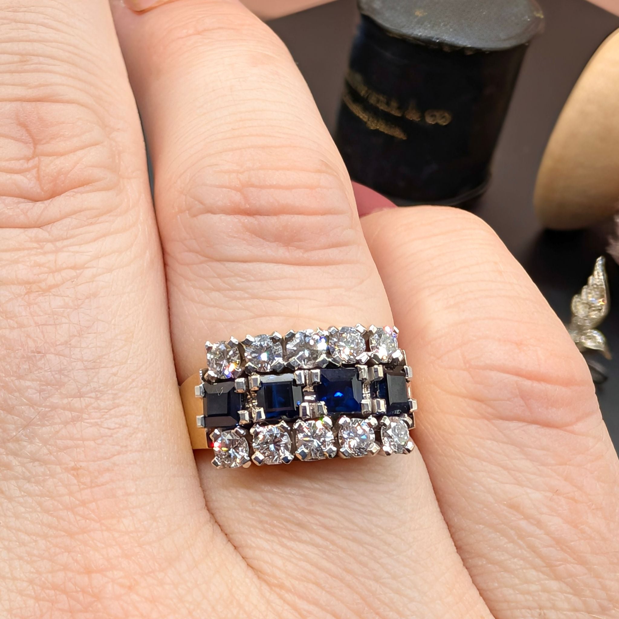 Vintage 18ct Yellow Gold Sapphire and Diamond Multi Row Ring