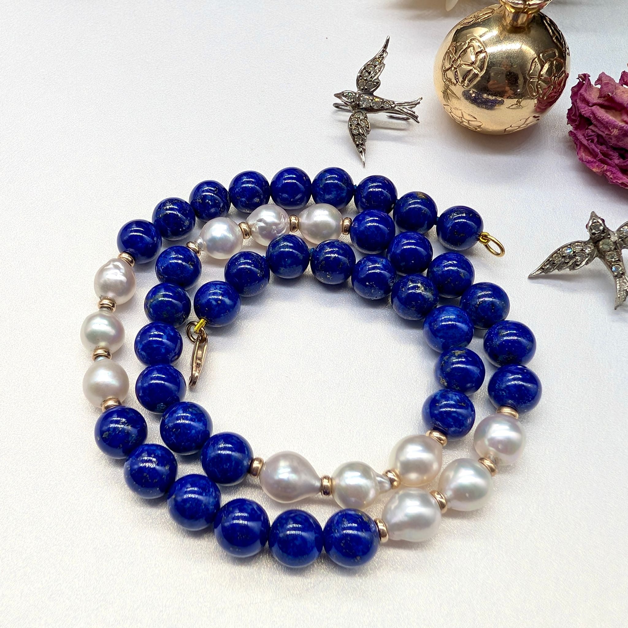 Stunning 9ct Yellow Gold Lapis Lazuli And Pearl Necklace - 43cm