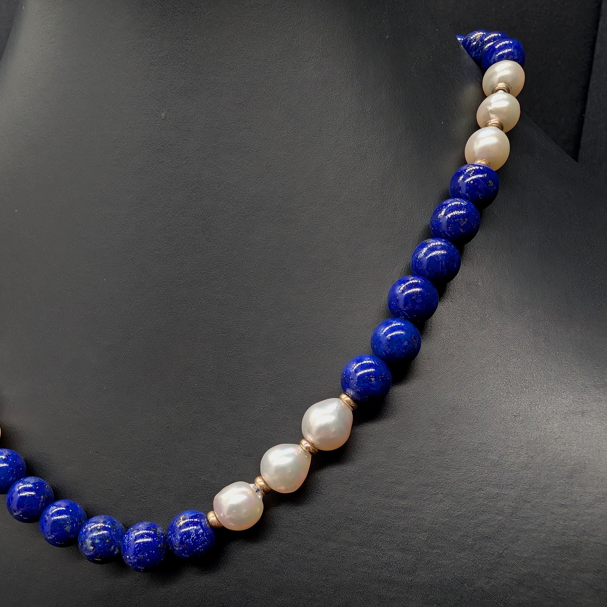 Stunning 9ct Yellow Gold Lapis Lazuli And Pearl Necklace - 43cm