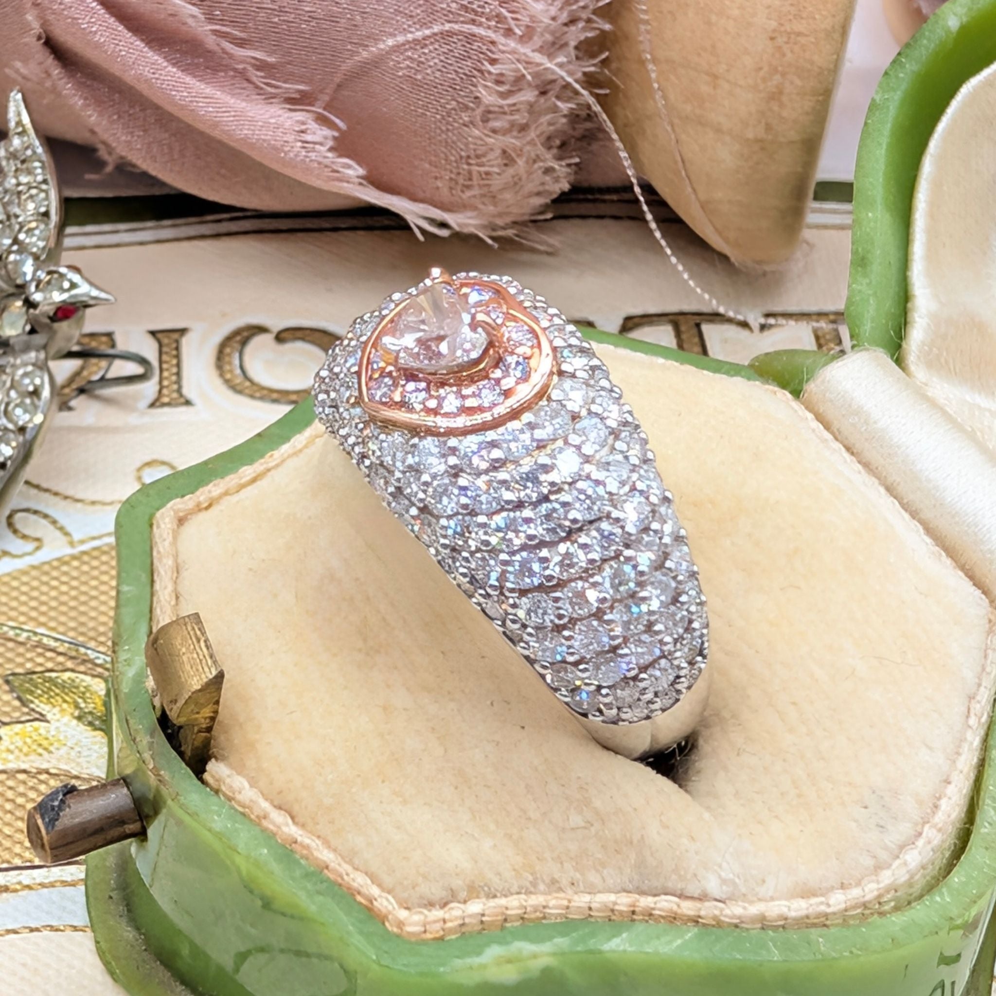 Spectacular Contemporary 14ct White and Rose Gold Heart-Shape Pink Diamond and Diamond Ring Complete With An Independent Gemmological Valuation For $28,600 AUD