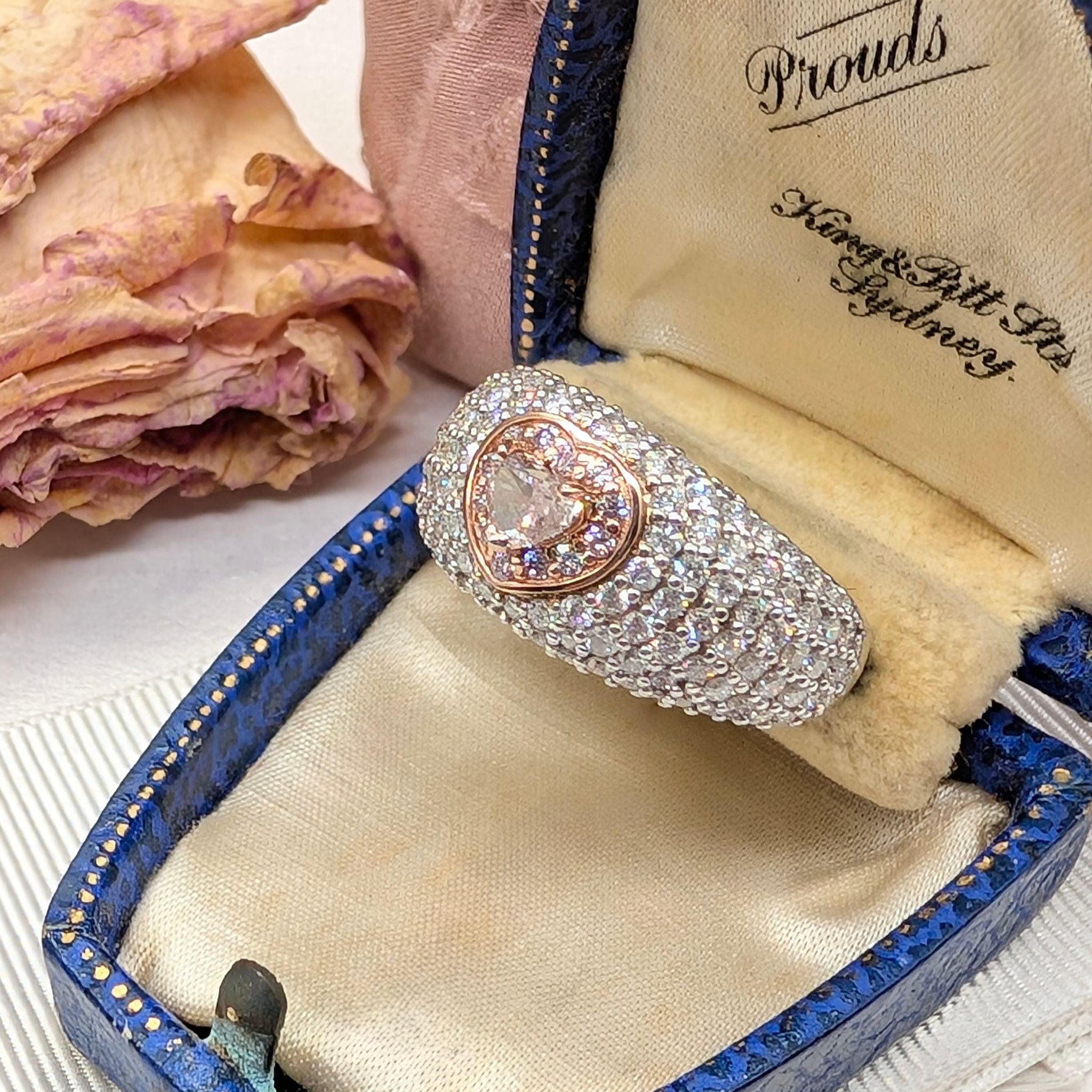 Spectacular Contemporary 14ct White and Rose Gold Heart-Shape Pink Diamond and Diamond Ring Complete With An Independent Gemmological Valuation For $28,600 AUD