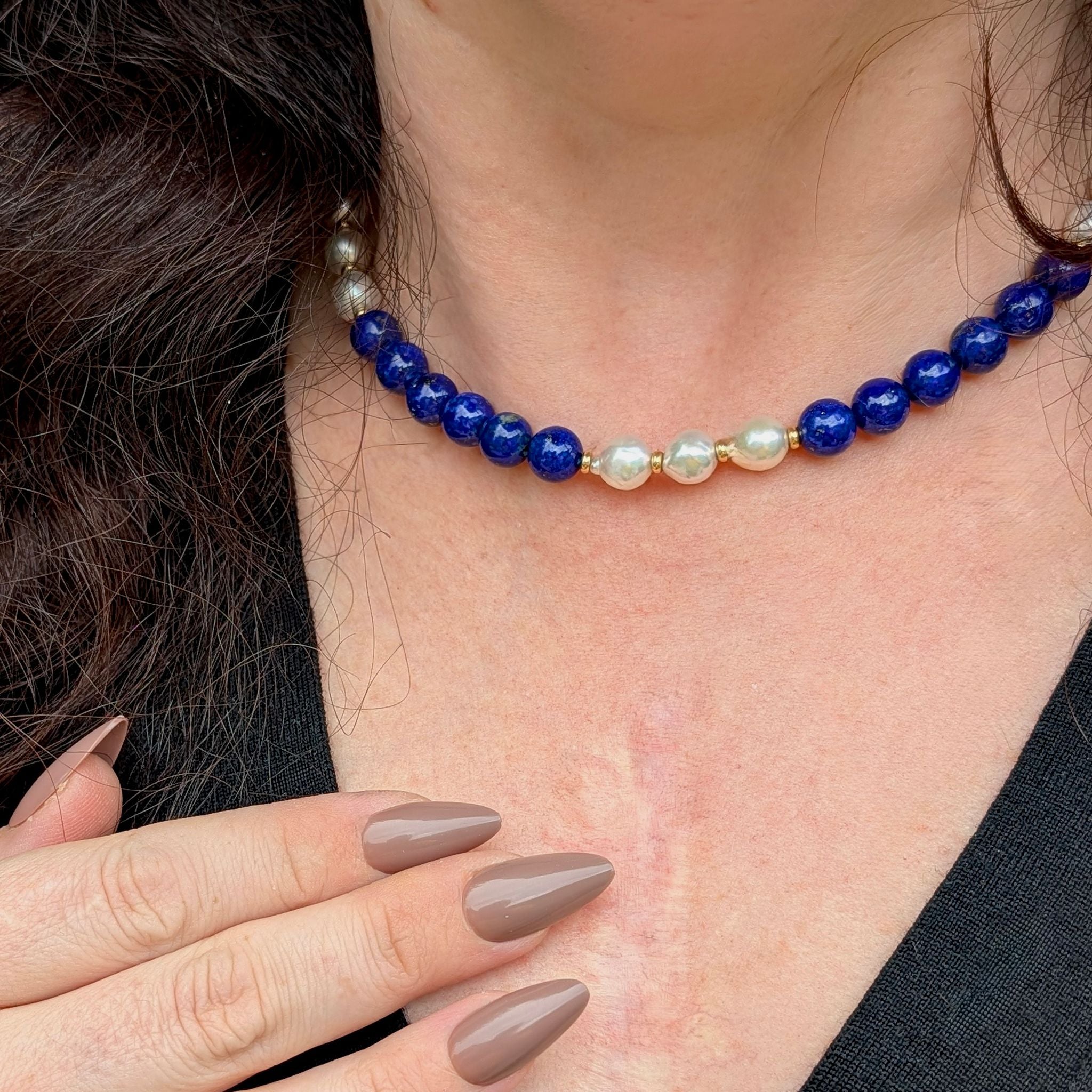 Stunning 9ct Yellow Gold Lapis Lazuli And Pearl Necklace - 43cm