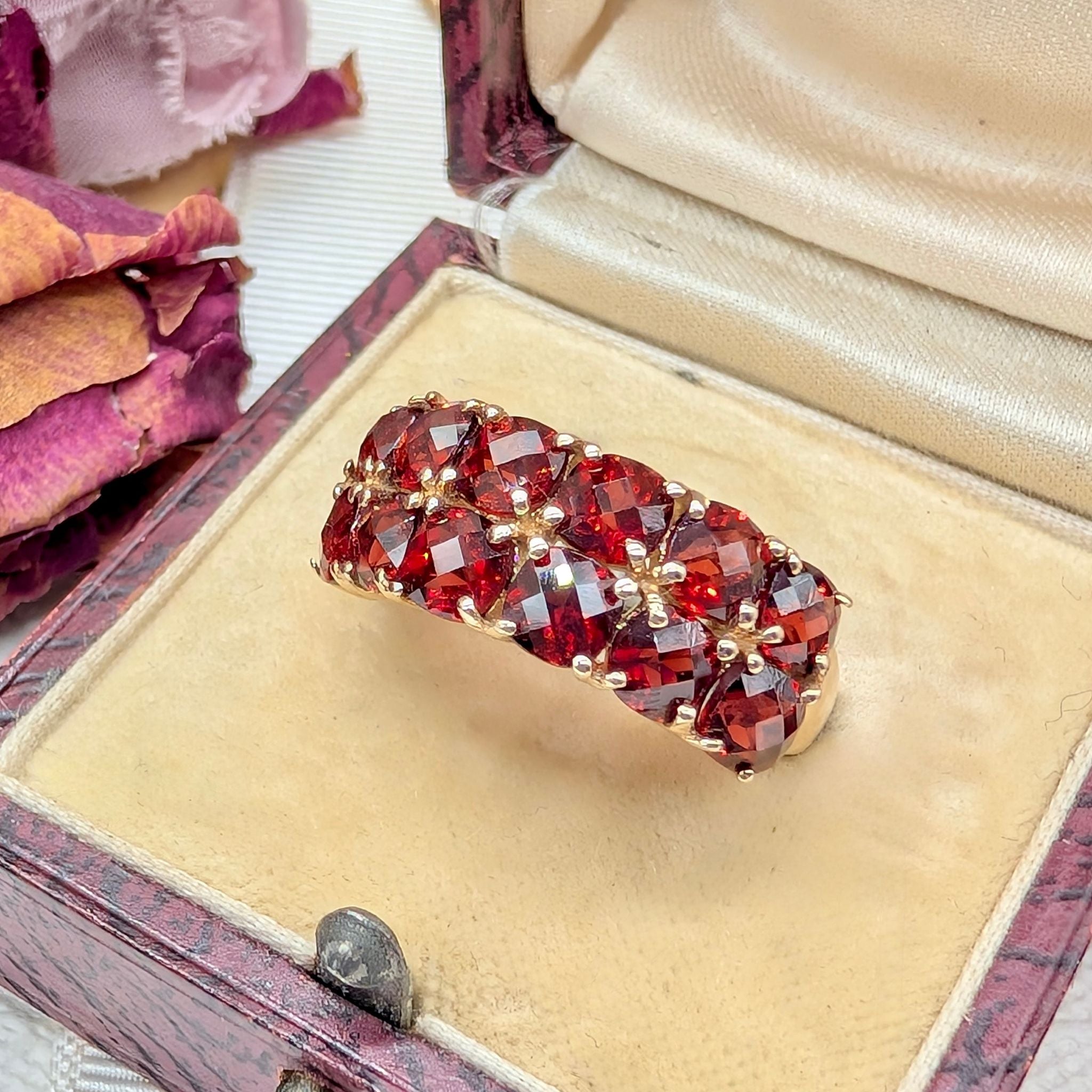 Modern 9ct Yellow Gold Double-Row Almandine Garnet Ring