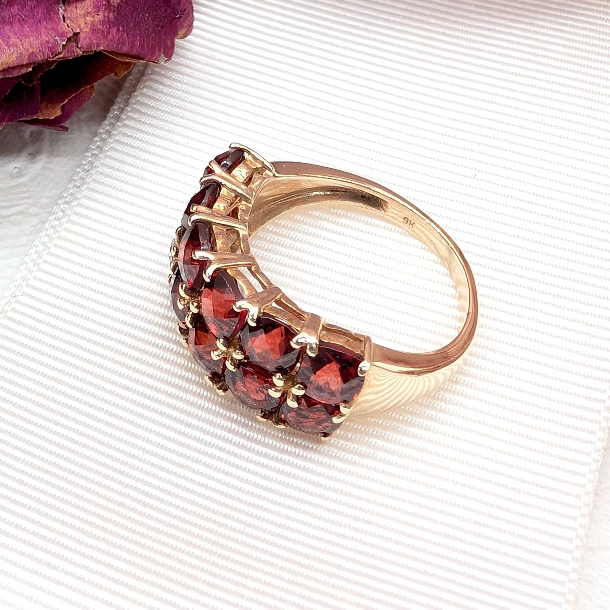 Modern 9ct Yellow Gold Double-Row Almandine Garnet Ring