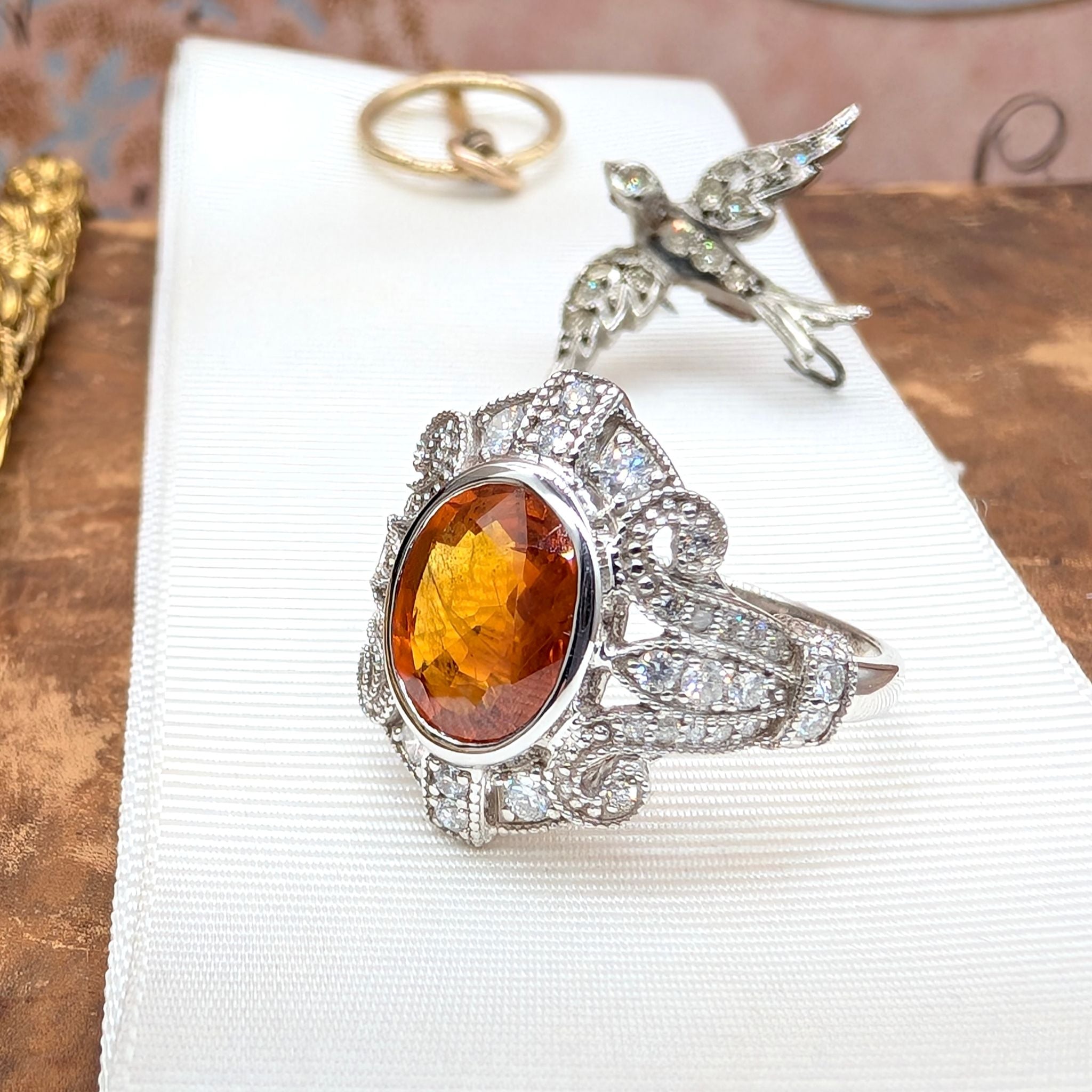 Spectacular 14ct White Gold Orange Sapphire & Diamond Art Deco-Inspired Ring With Independent Gemmological Valuation for $15,000 AUD 