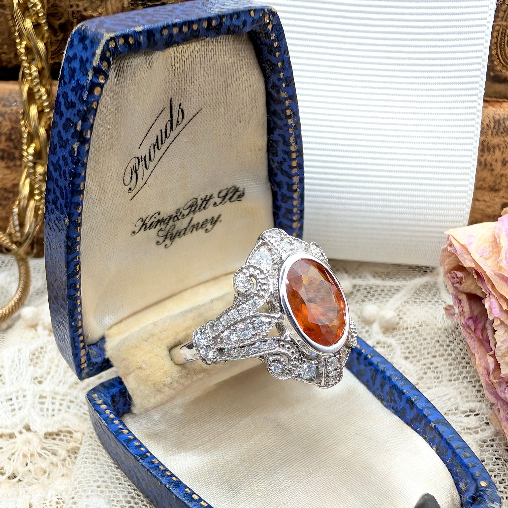 Spectacular 14ct White Gold Orange Sapphire & Diamond Art Deco-Inspired Ring With Independent Gemmological Valuation for $15,000 AUD 