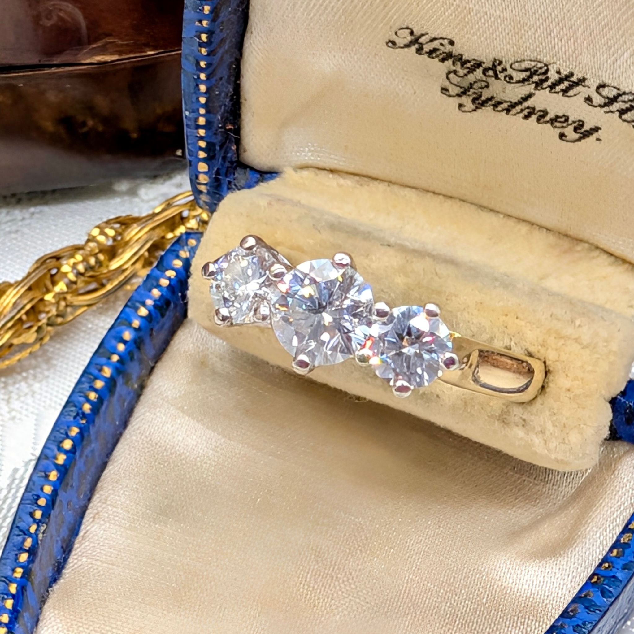 Modern 18ct Yellow Gold Diamond Trilogy Ring TDW 1.34ct Complete With A 2005 Insurance Replacement For $11,500 AUD and Diamond Identification Certificate