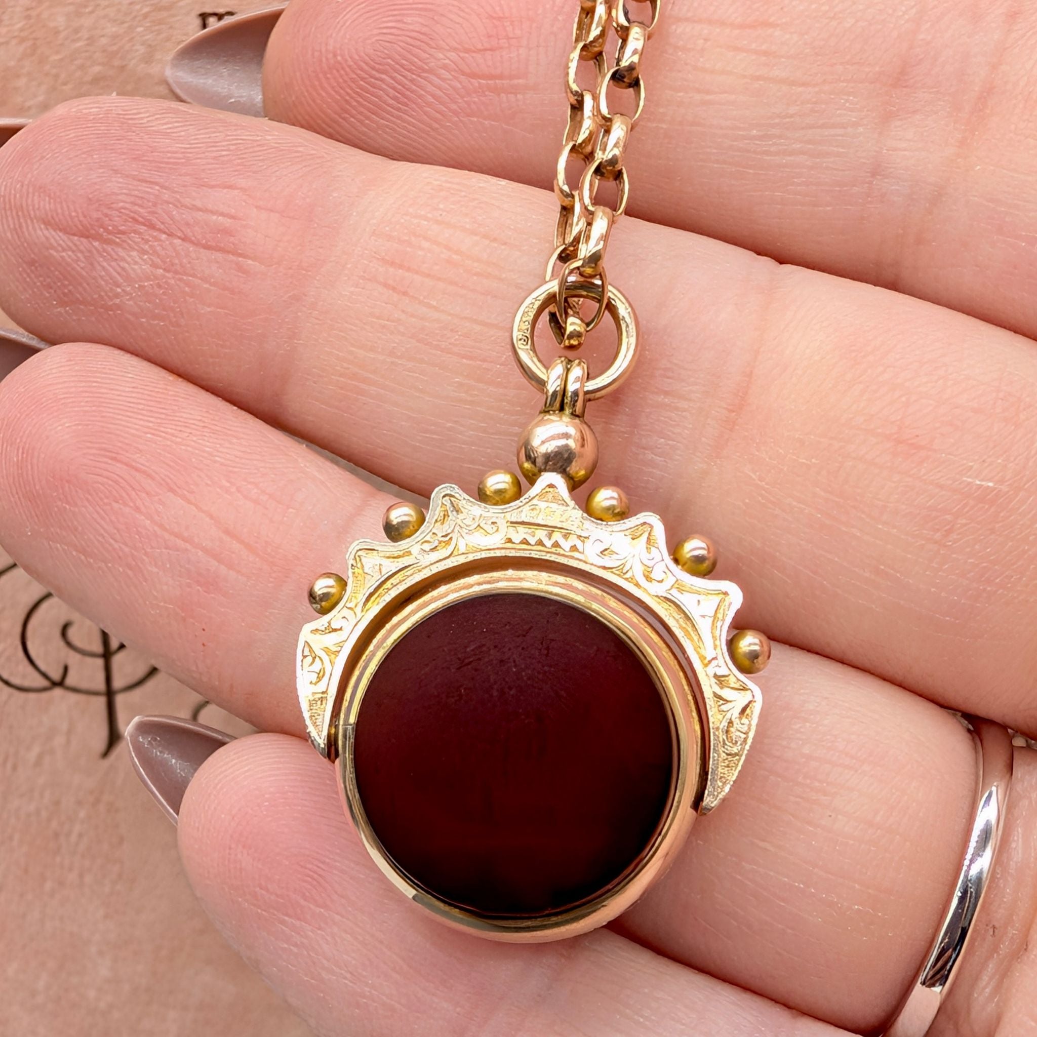 Antique 9ct Rose Gold Bloodstone And Carnelian ‘Spinner’ Fob - Birmingham 1887