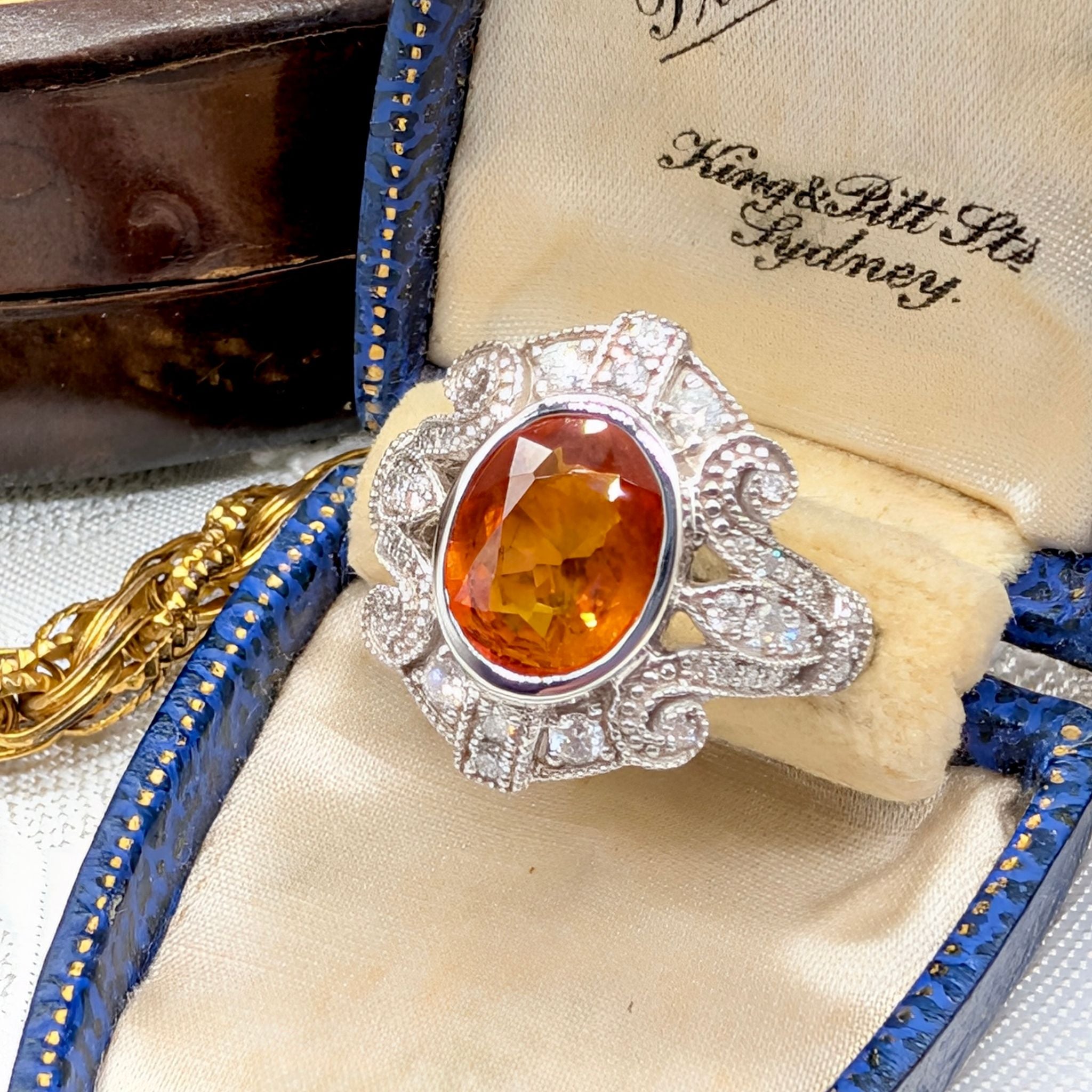 Spectacular 14ct White Gold Orange Sapphire & Diamond Art Deco-Inspired Ring With Independent Gemmological Valuation for $15,000 AUD 