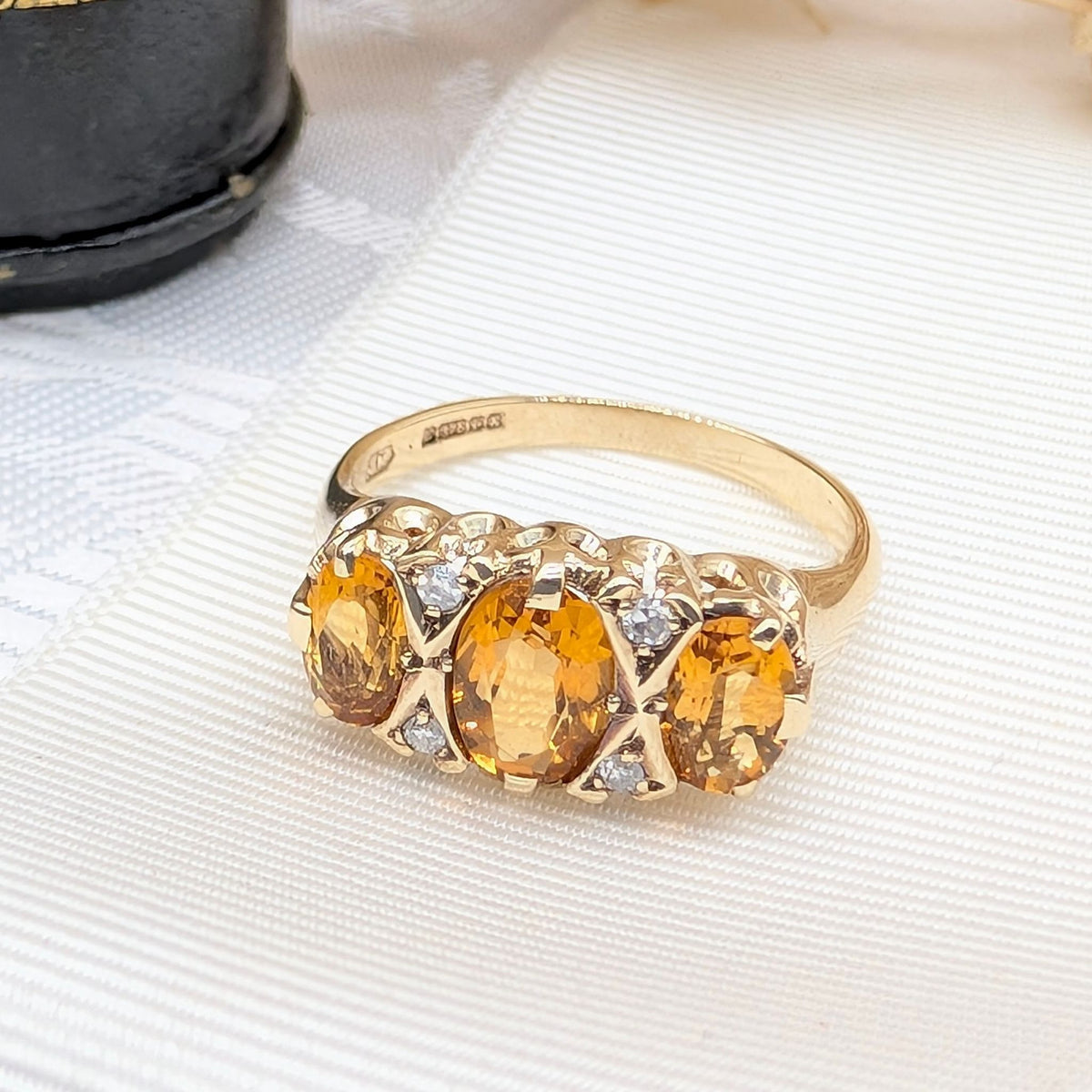 Vintage 9ct Yellow Gold ‘Antique Style’ Citrine And Diamond Trilogy Ring- Birmingham 1991