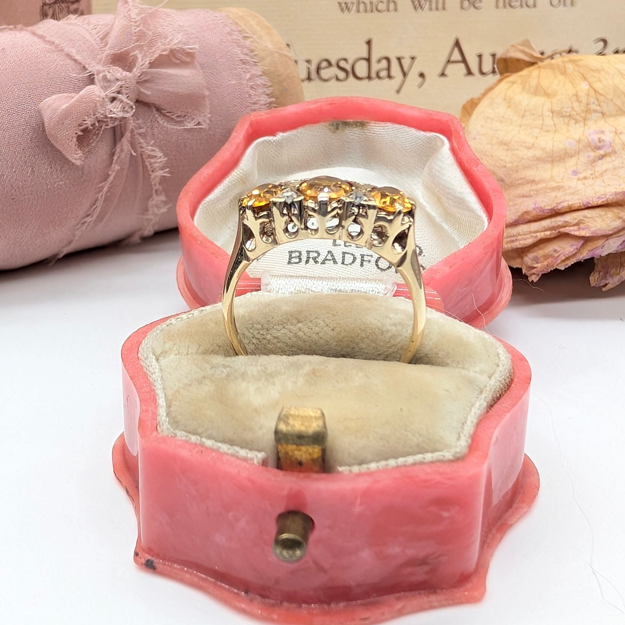 Vintage 9ct Yellow Gold ‘Antique Style’ Citrine And Diamond Trilogy Ring- Birmingham 1991