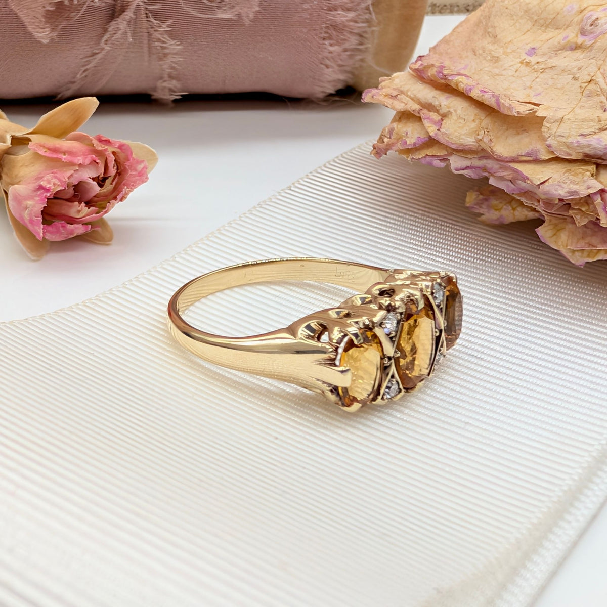 Vintage 9ct Yellow Gold ‘Antique Style’ Citrine And Diamond Trilogy Ring- Birmingham 1991