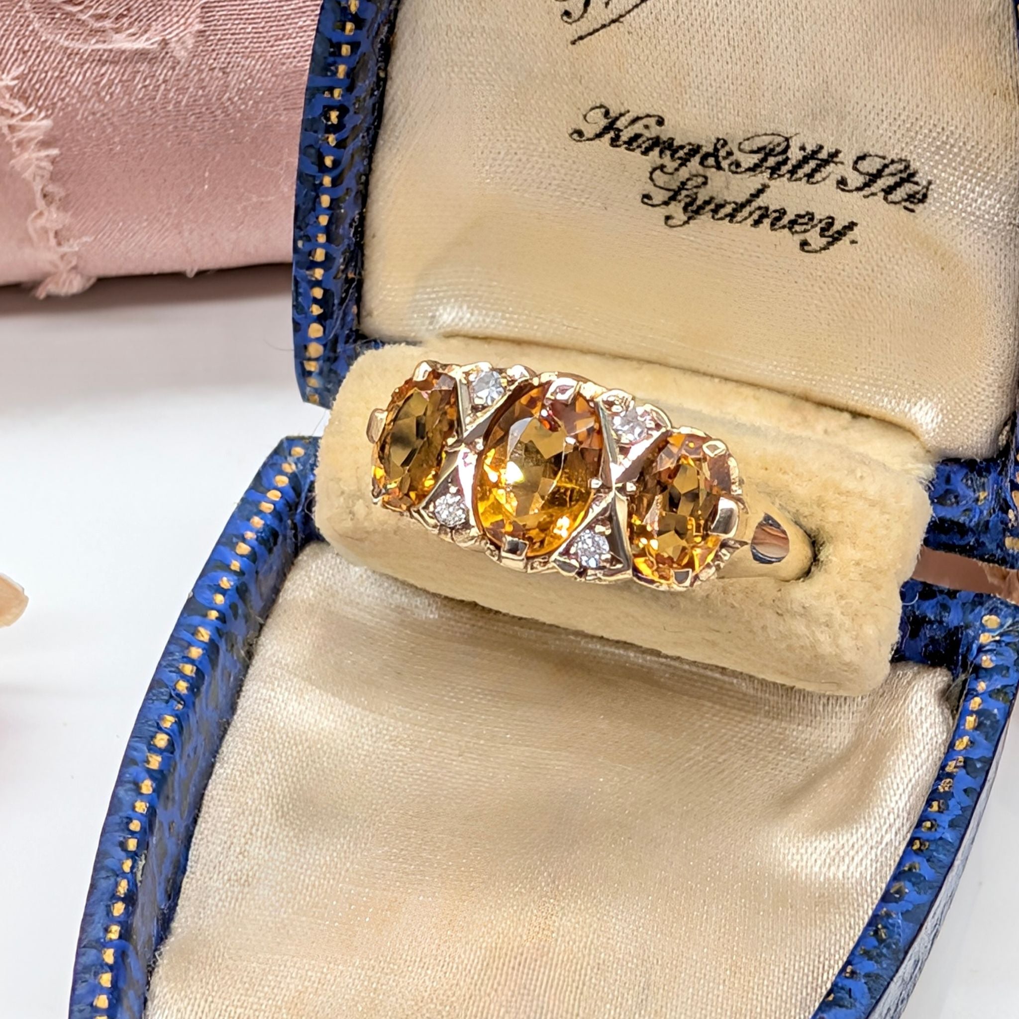 Vintage 9ct Yellow Gold ‘Antique Style’ Citrine And Diamond Trilogy Ring- Birmingham 1991
