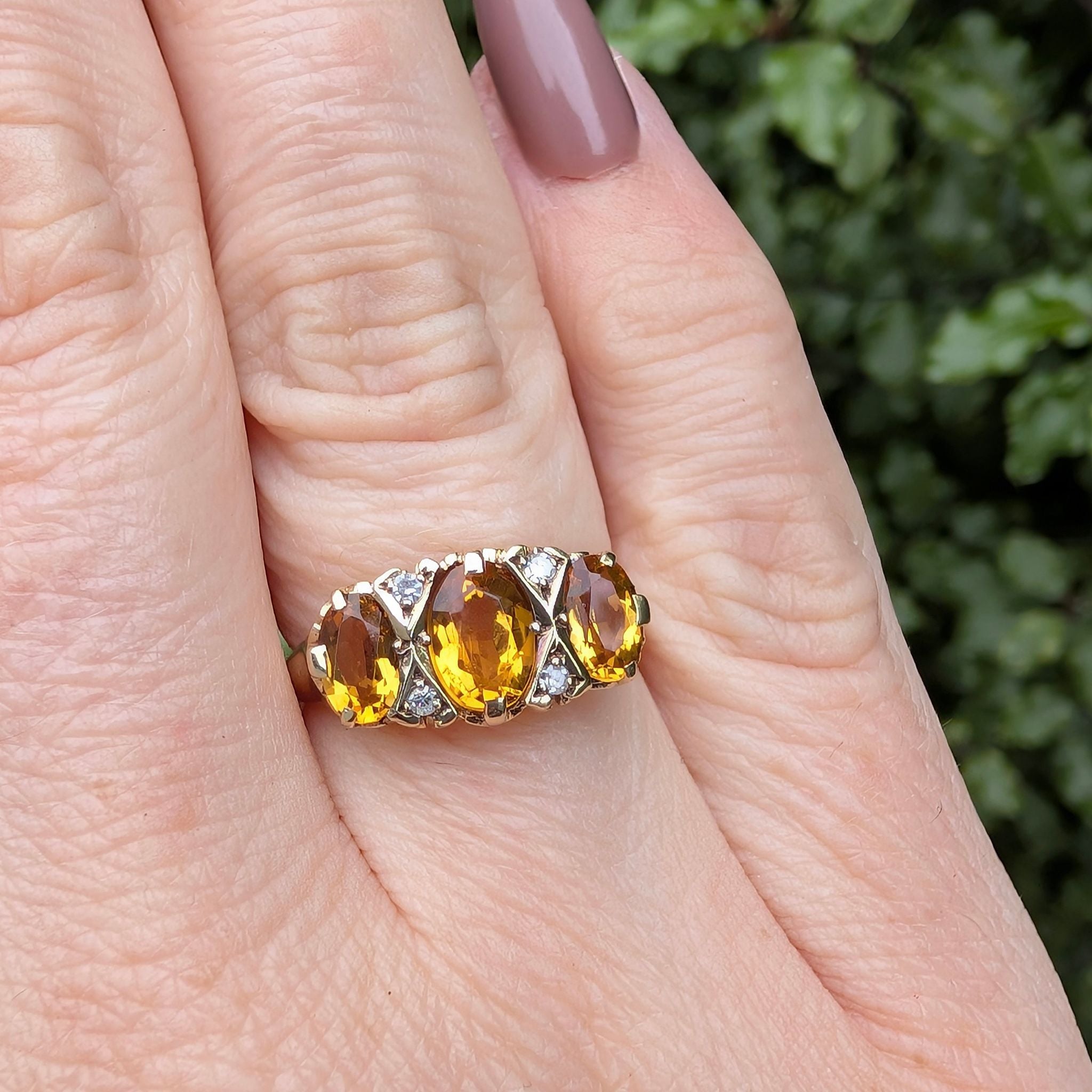 Vintage 9ct Yellow Gold ‘Antique Style’ Citrine And Diamond Trilogy Ring- Birmingham 1991