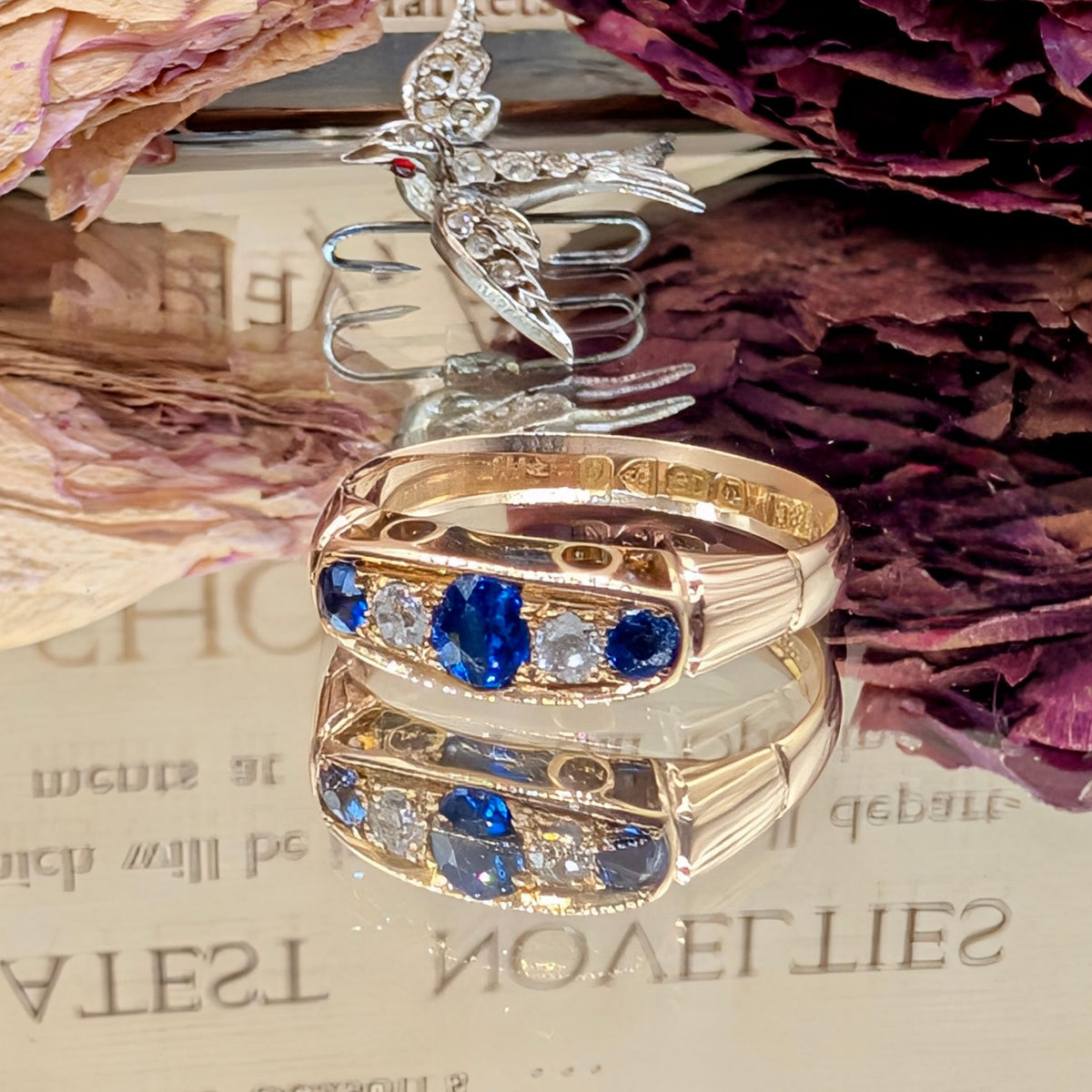 Stunning Antique 18ct Yellow Gold Sapphire And Diamond Quater Hoop Ring - Chester 1914