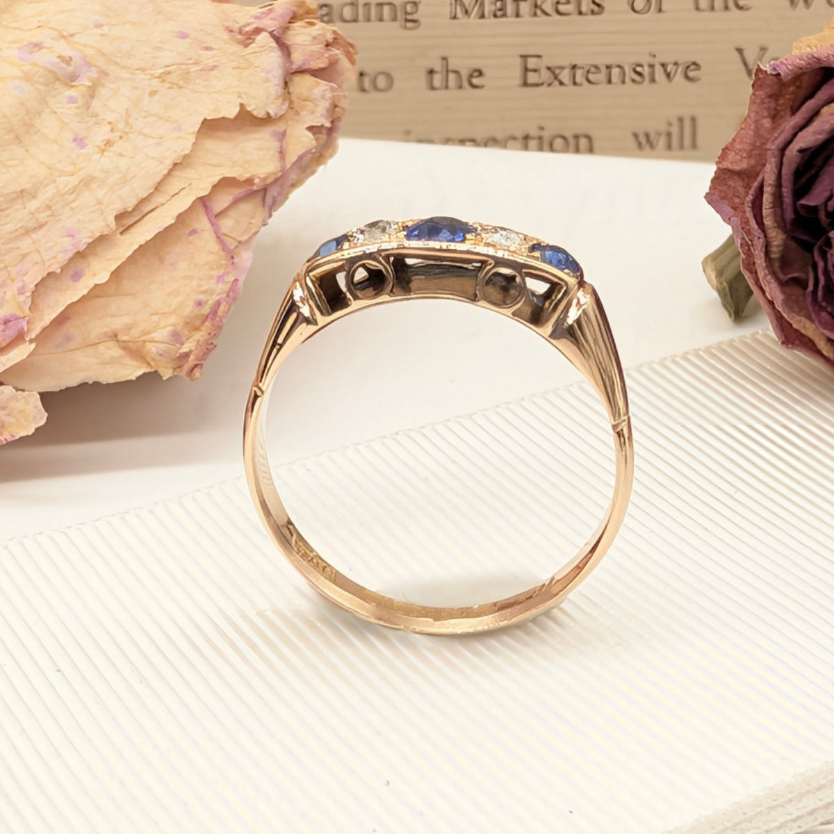 Stunning Antique 18ct Yellow Gold Sapphire And Diamond Quater Hoop Ring - Chester 1914