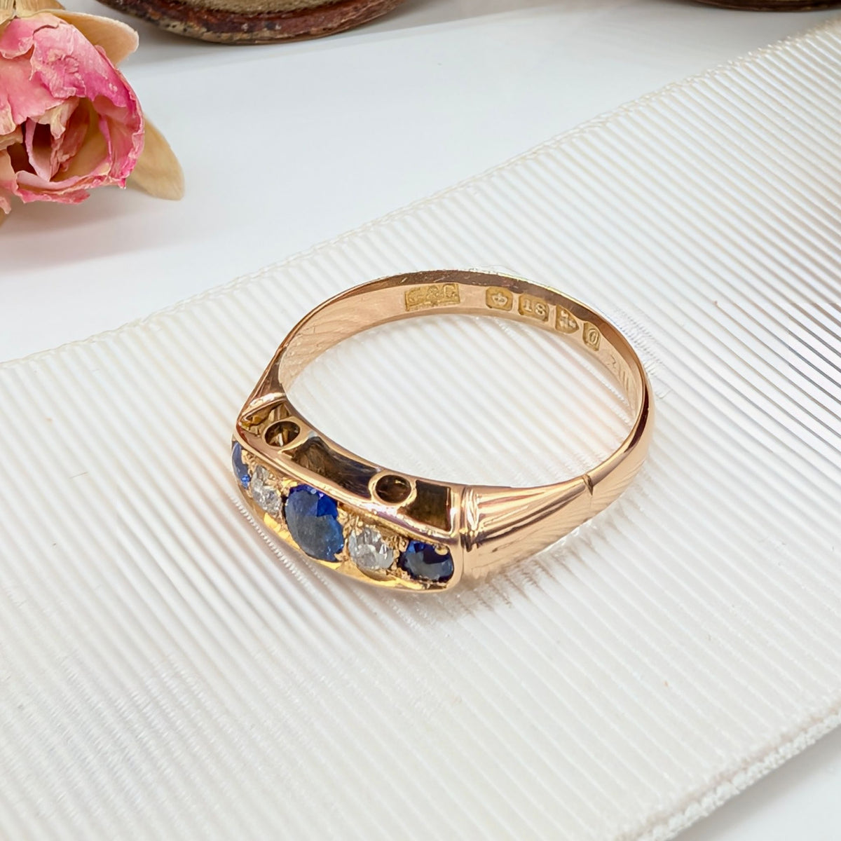 Stunning Antique 18ct Yellow Gold Sapphire And Diamond Quater Hoop Ring - Chester 1914