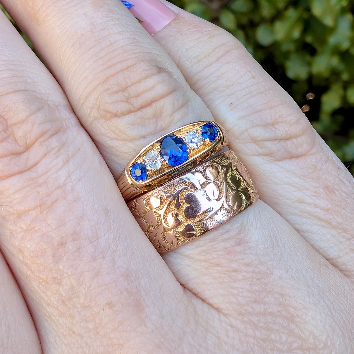 Stunning Antique 18ct Yellow Gold Sapphire And Diamond Quater Hoop Ring - Chester 1914