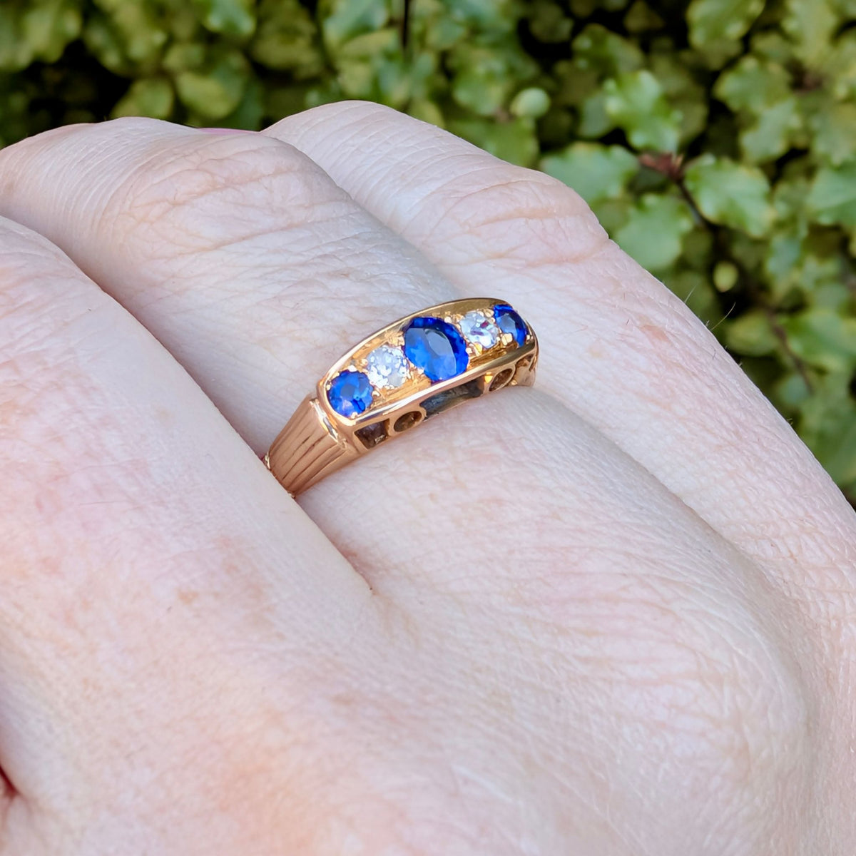 Stunning Antique 18ct Yellow Gold Sapphire And Diamond Quater Hoop Ring - Chester 1914