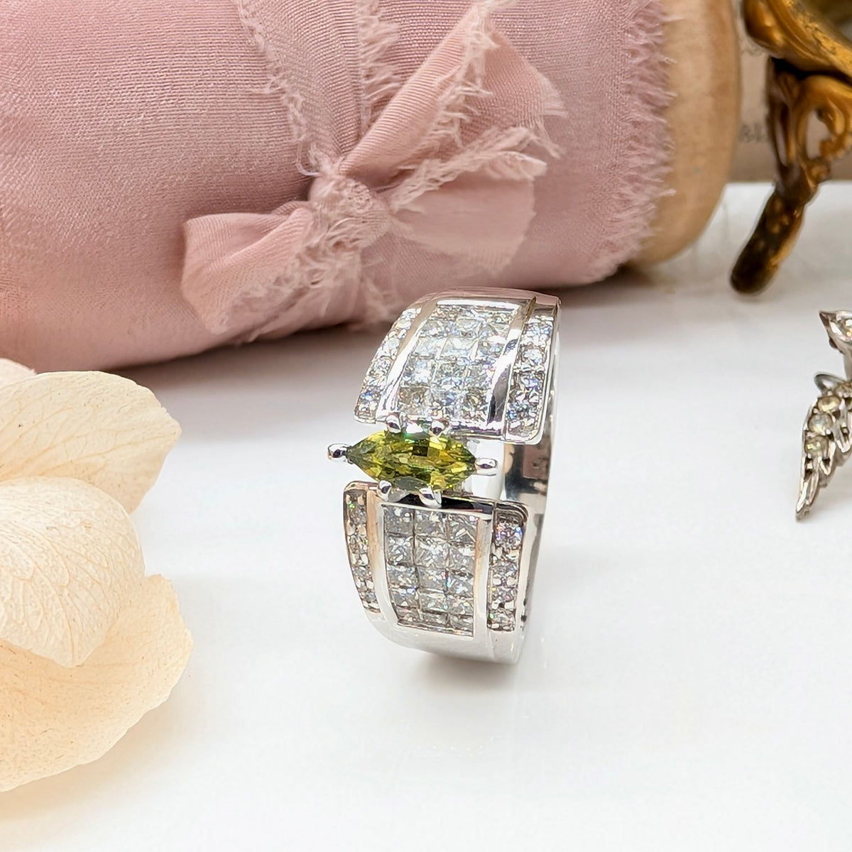 Contemporary 18ct White Gold Marquise-Cut Australian Sapphire And Diamond Ring  Included With Purchase Retail Replacement Valuation $8700 AUD