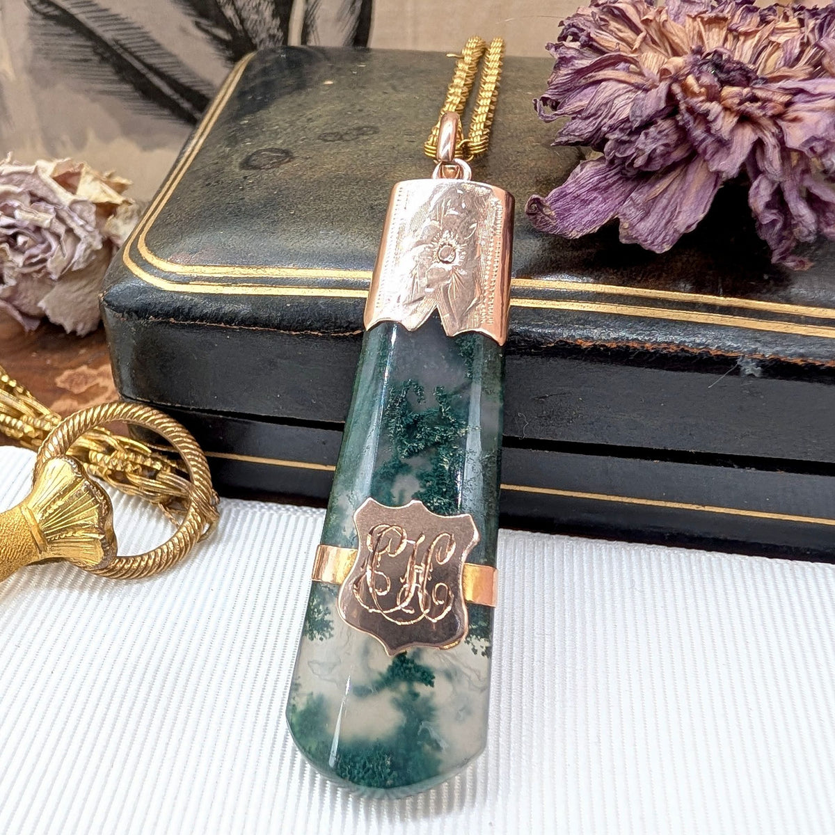 Antique Victorian Moss Agate 9ct Rose Gold Fob Pendant