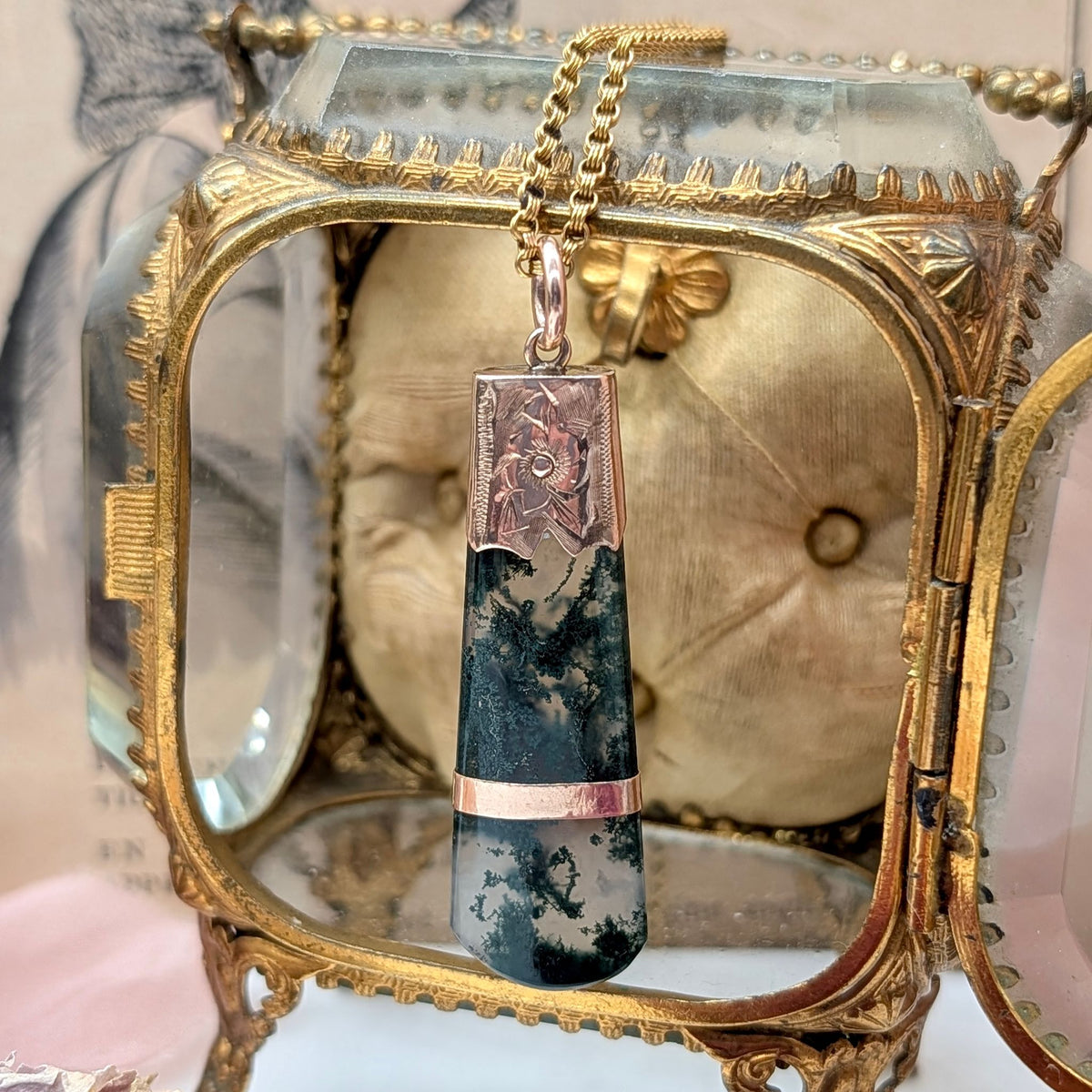Antique Victorian Moss Agate 9ct Rose Gold Fob Pendant