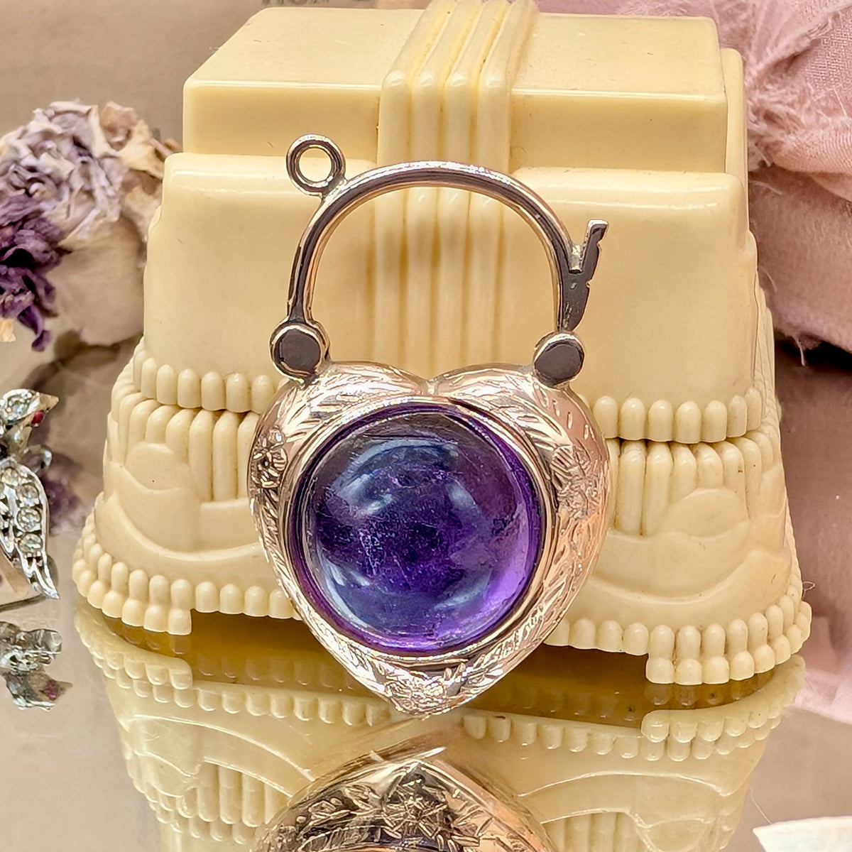 Contemporary 9ct Rose Gold Cabochon Amethyst Puffy-Heart Padlock Pendant